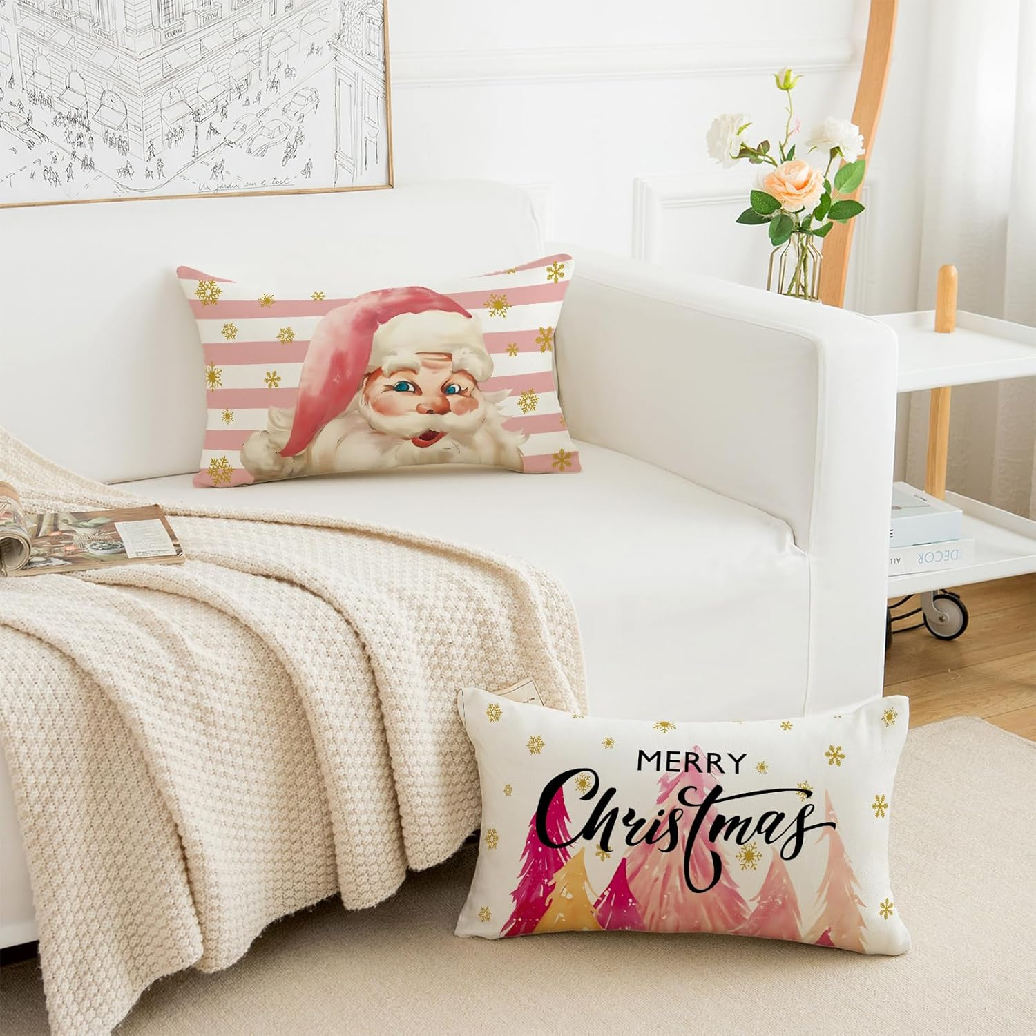 HOMFREEST Christmas Throw Pillow Covers 12X20 Inches Stripes Pink Santa Claus Pillowcases Xmas Decorative Cushion Cases for Couch Sofa Set of 2 image number 5