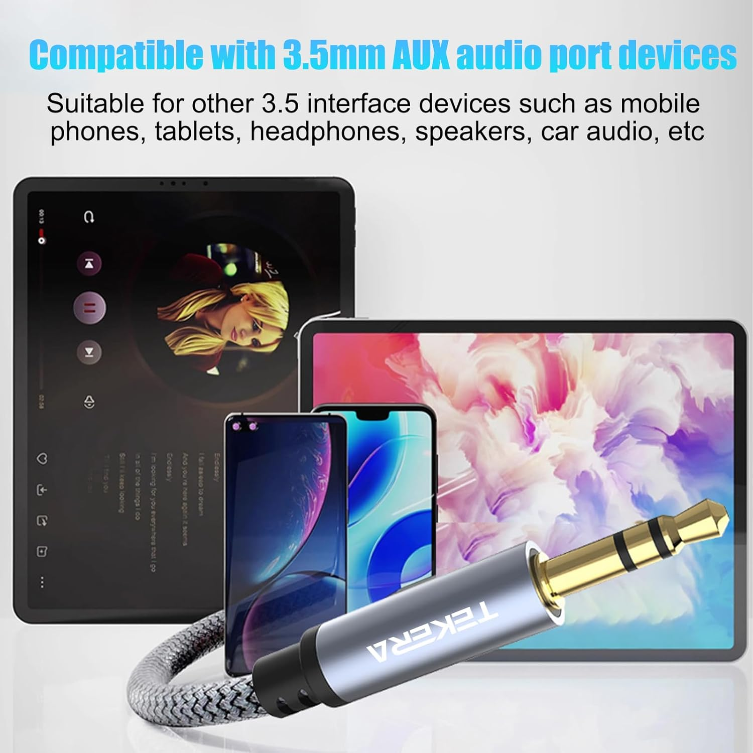 TEKERA 3.5Mm Male to Male Aux Cable 1M, Nylon Braided Stereo Audio Cable for Car, Phone, Speaker, Headphones, Laptop, Home Theater &ndash; Hi-Fi Sound, Durable Jack to Jack Cord (3.3FT/1M) image number 3