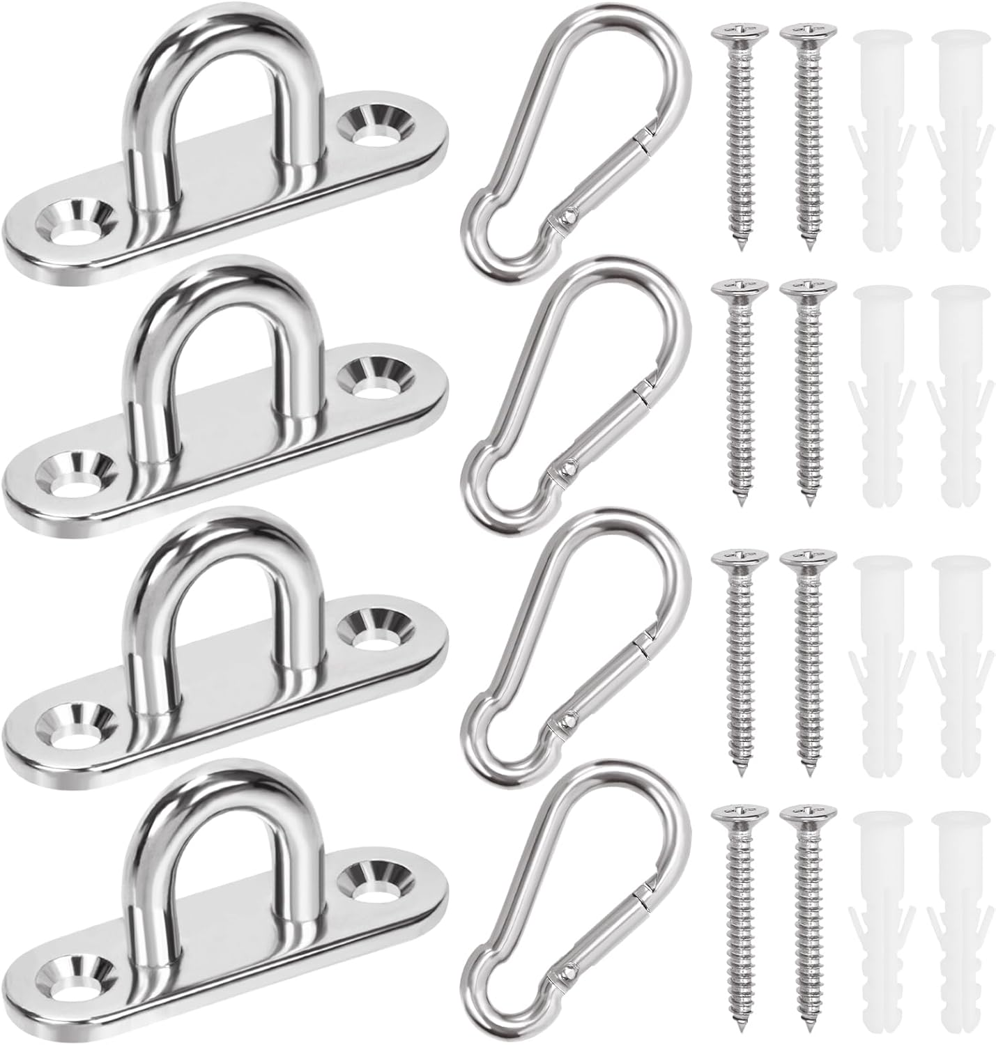 Swpeet 24 Pcs M8 Premium Heavy Duty Oval Stainless Steel Screw Hooks Kit with Pad Eye Hooks, Snap Hooks, Screws with Plastic Expansion Tube, Ceiling Hooks for Outdoor Indoor Activity image number 2
