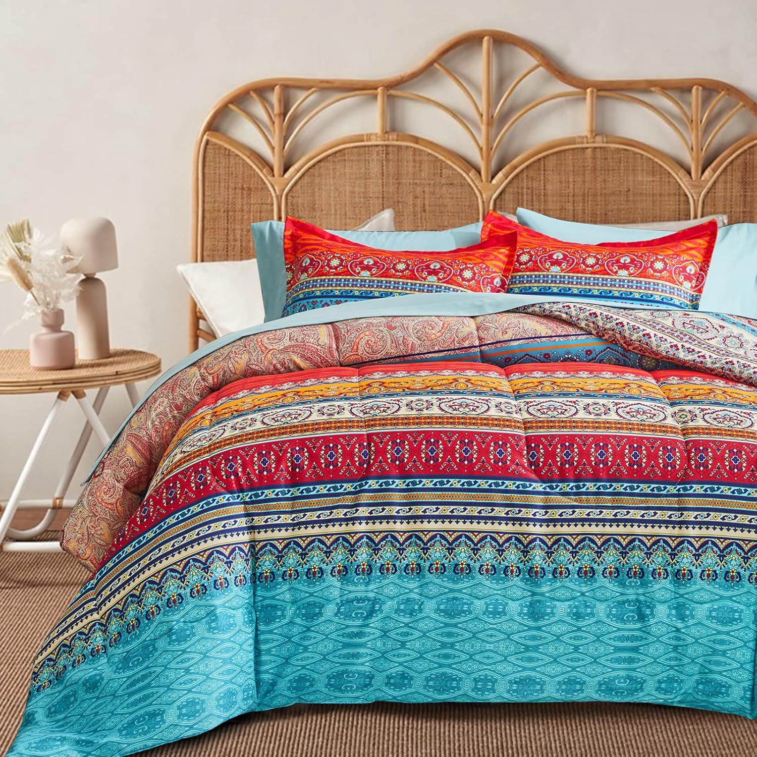 Flysheep Boho Striped Bed in a Bag 7 Pieces Queen Size, Colorful Bohemian Tribal Teal Blue Red Reversible Comforter Bed Set (1 Comforter, 1 Flat Sheet, 1 Fitted Sheet, 2 Pillow Shams, 2 Pillowcases)