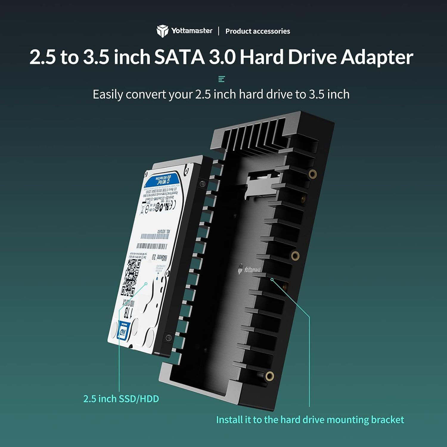 Yottamaster 2.5" to 3.5" Hard Drive Adapter-Abs Hard Drive Mounting Bracket for 7/9.5/12.5/15Mm 2.5" SATA HDD SSD, SATA 3.0 Interface