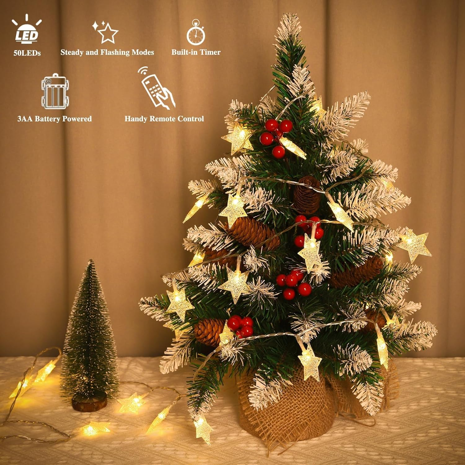 50 LED Star String Lights 5M Fairy Christmas Lights Battery Operated for Indoor & Outdoor, Party, Wedding and Holiday Decorations Warm White image number 3