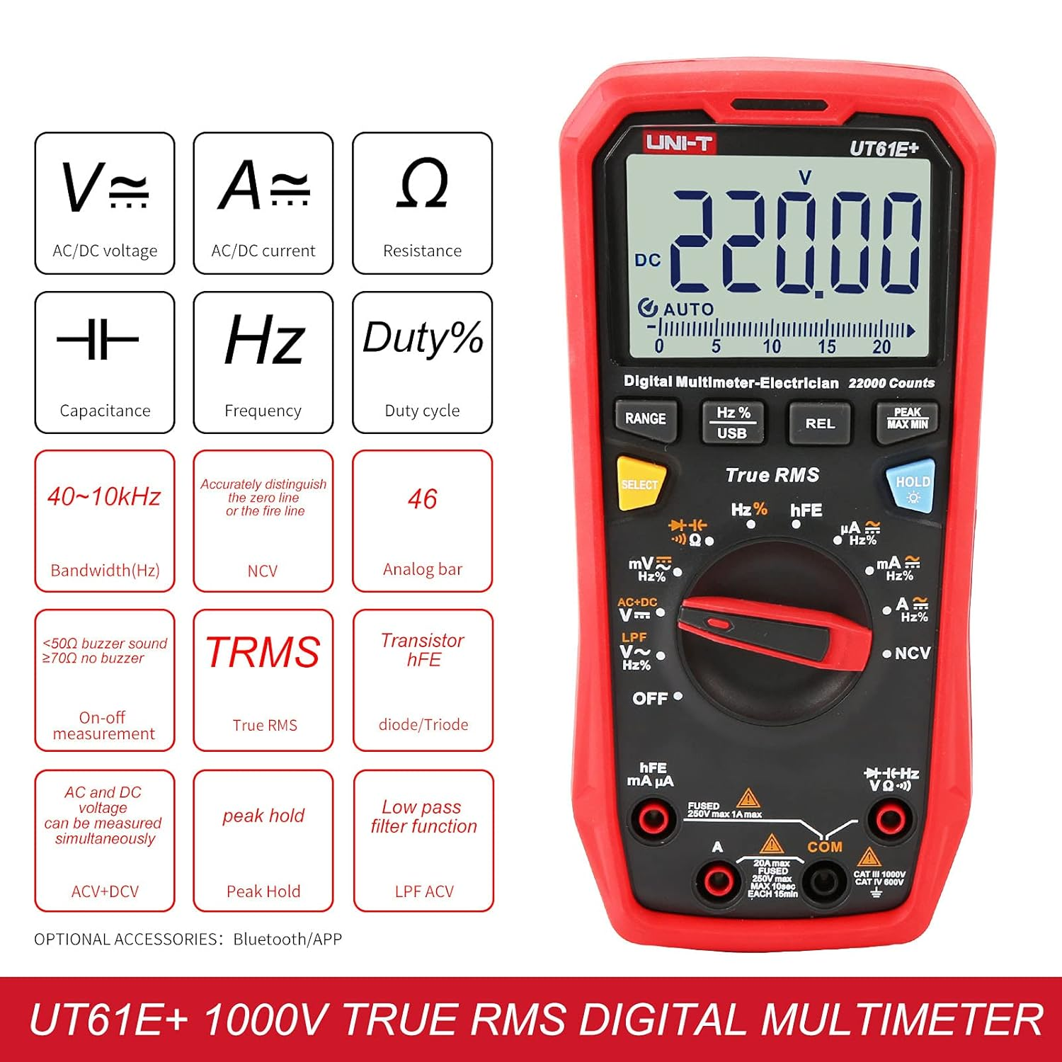UNI-T UT61E+ 1000V 20A Digital Multimeter 22000 Counts Display NCV Hfe Auto Range True RMS AC/DC Voltage Current Resistance Capacitance Tester image number 5