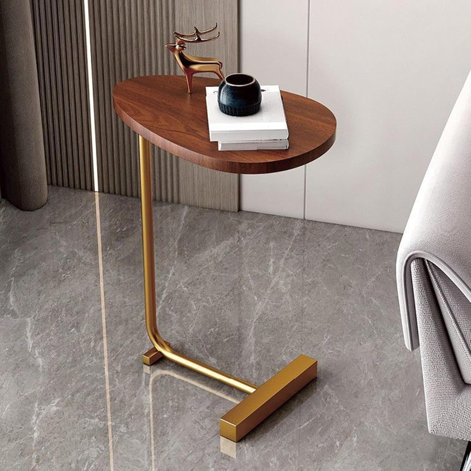 Couch Side Tables That Slide Under, C Shaped Side Table Snack Side Tables C Shaped End Table for Couch Wood Grain Small Bedside Tables for Sofa, Hotel, Living Room, Bedroom (Flat image number 2