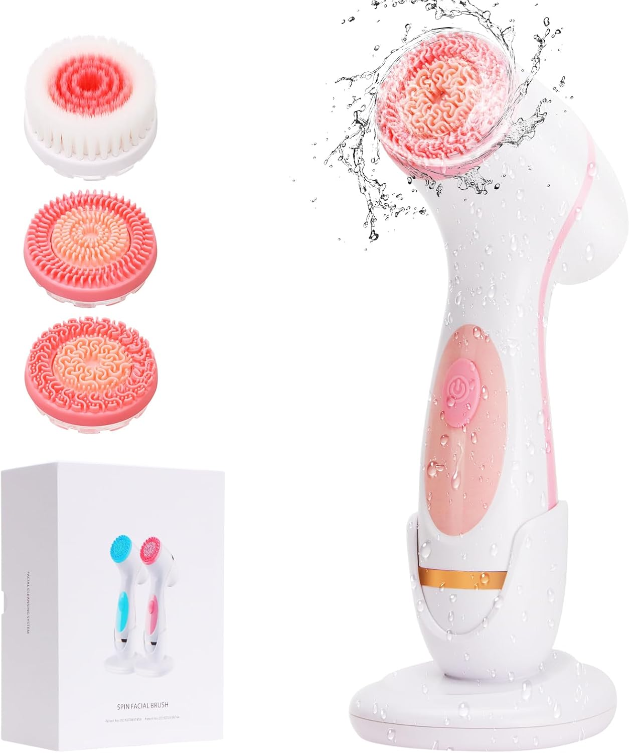 Facial Cleansing Brush, Waterproof Dual-Rotation Face Scrubber Exfoliator with 3 Brush Heads and 2 Adjustable Speeds, Rechargeable Exfoliating Face Brushes for Cleansing and Skin Care (Pink) image number 6