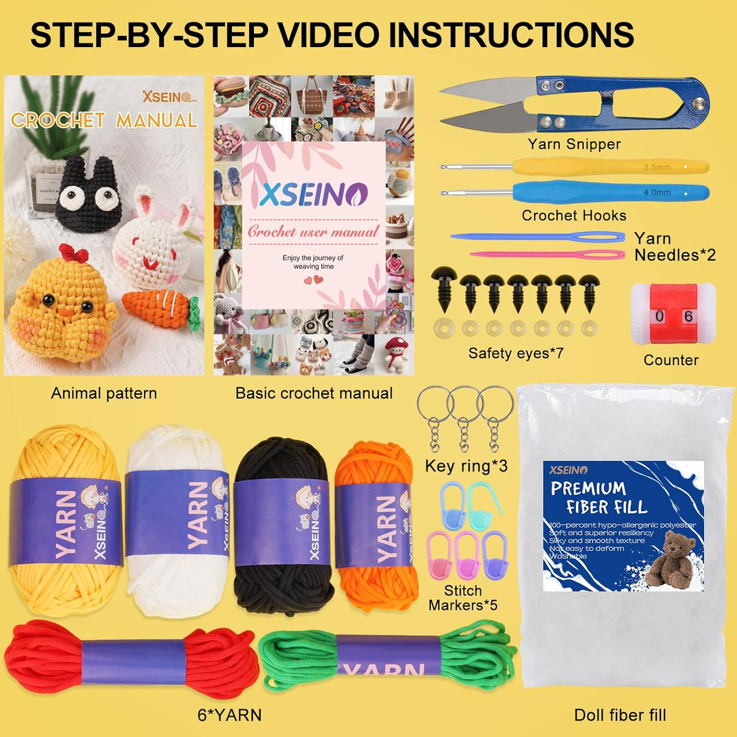 XSEINO Crochet Kit for Beginners,Crochet Start Kit with Step-By-Step Video Tutorials,Learn to Crochet Kit for Adults and Kids - Cat,Chick,Rabbit,Carrot image number 3