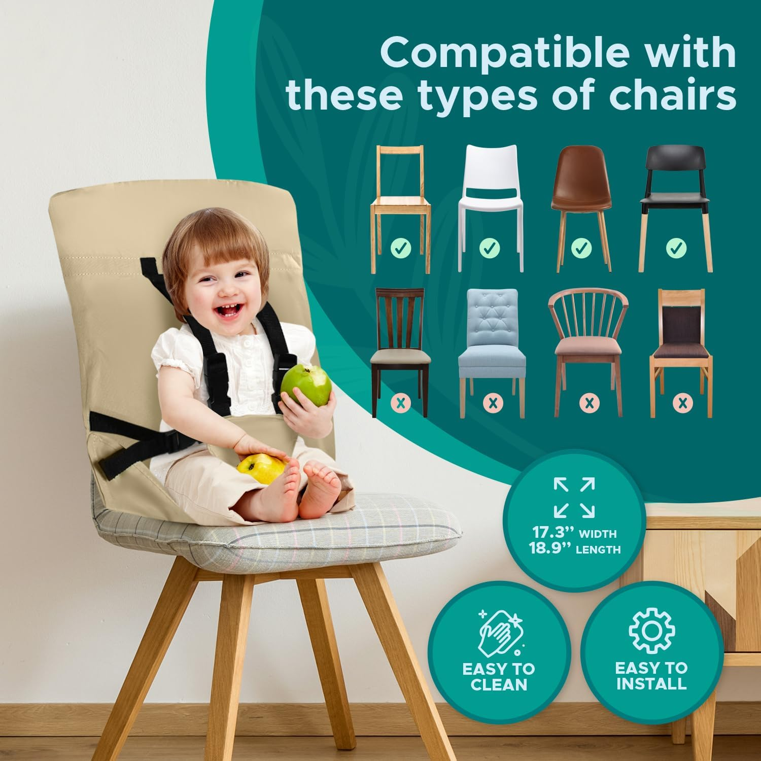 Portable High Chair by Baby Pick- Foldable High Chair for Travel with Adjustable Shoulder Straps- Compact Harness Seat for Babies & Toddlers- Easy to Use Washable Feeding Safety Seat (Beige) image number 3