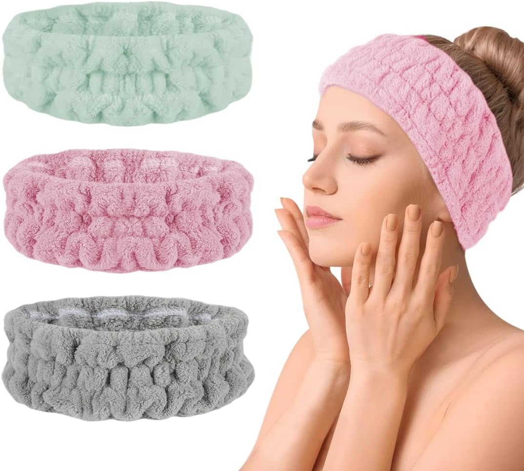 Spa Face Headband, Pack of 3, Coral Fleece Makeup Hair Bands, Elastic, Cosmetic Headband, Wide Brim Coral Fleece, Hair Band, Wrist Sweatband, Cosmetic Headband, for Shower, Skin Care, Sports image number 4