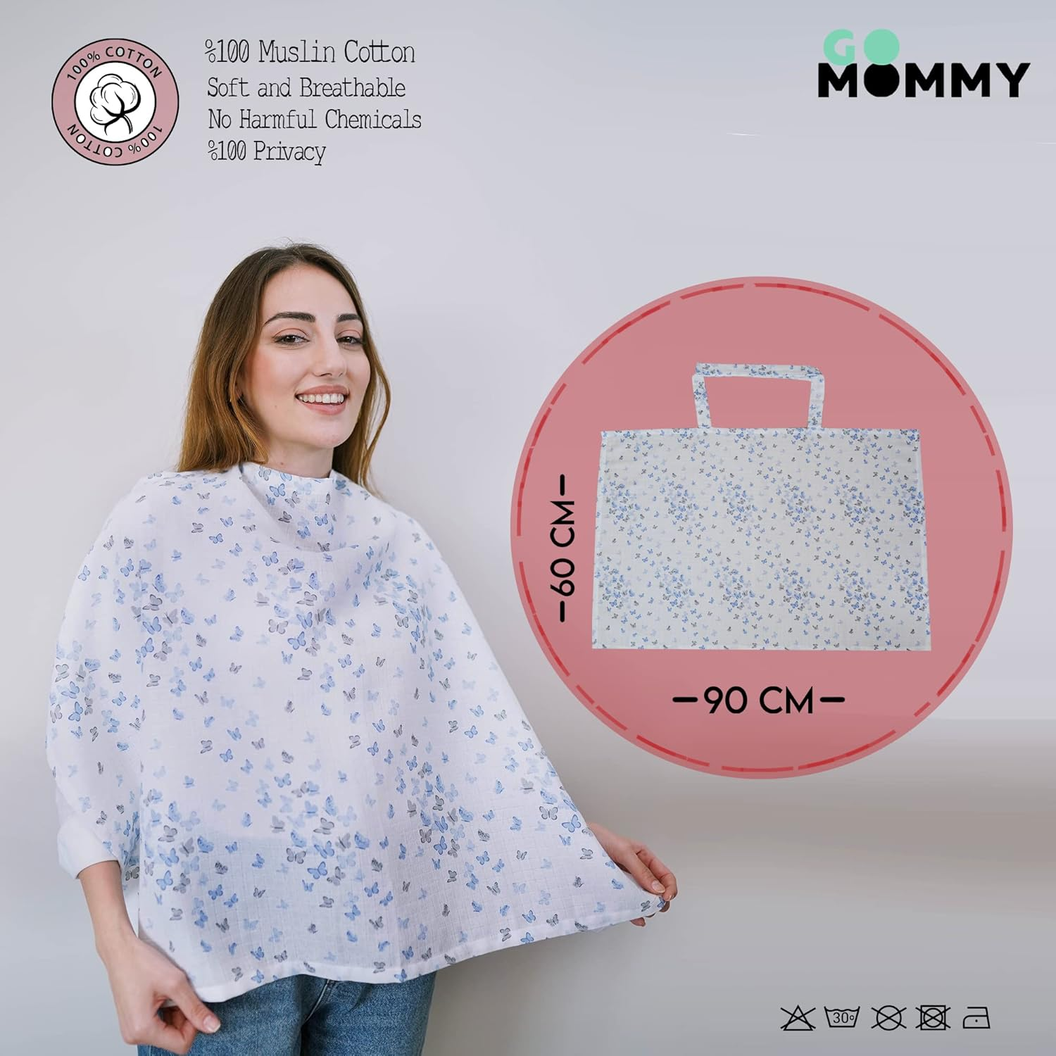 Go Mommy Muslin Nursing Cover for Baby Breastfeeding, Breathable 100% Cotton Breastfeeding Cover for Mother Nursing Apron, Multi-Use Carseat Canopy - Butterfly Pink image number 4