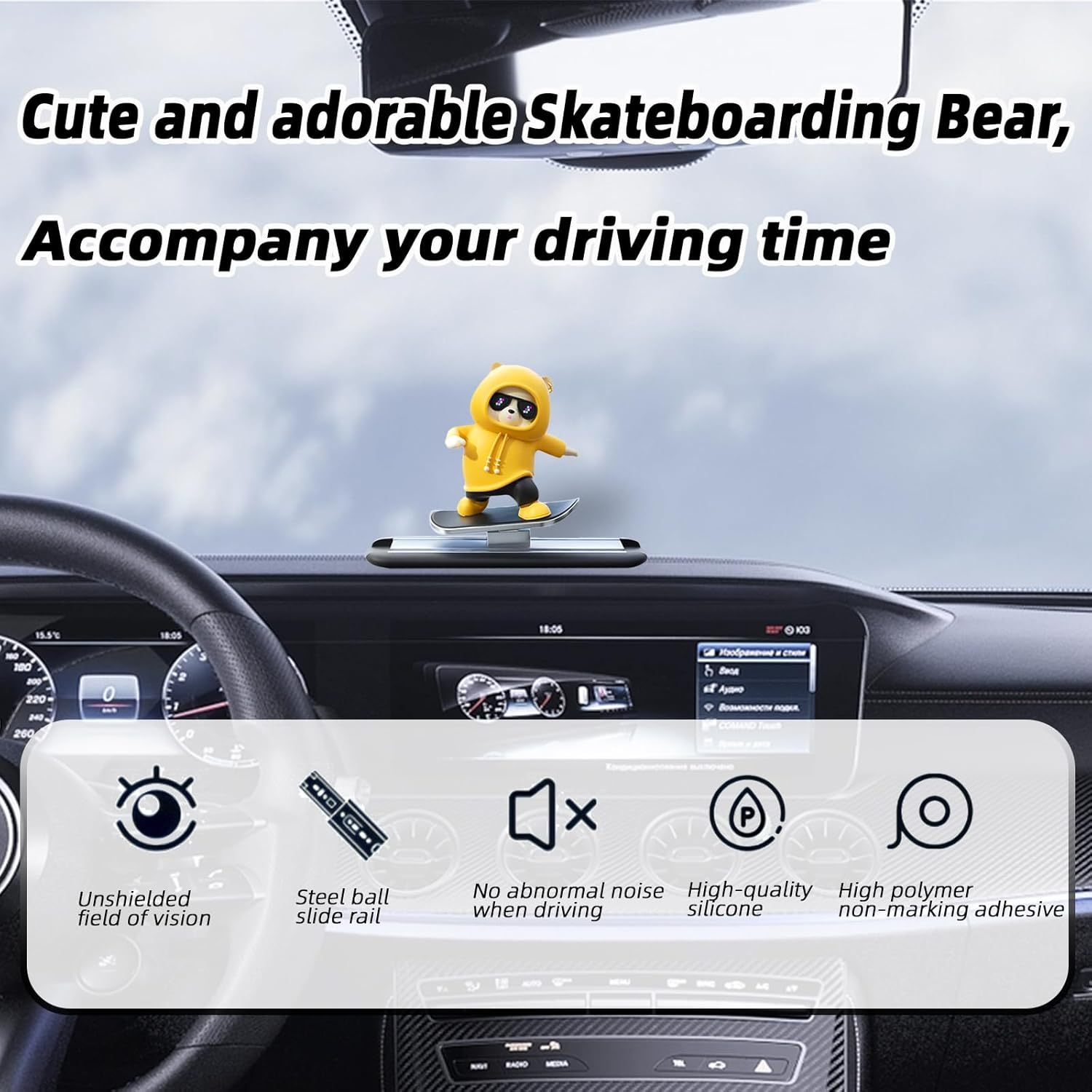 Valentine Gifts for Men,Yellow Skateboard Bear Car Decor Bobblehead Car Dashboard,Yescoo Car Dashboard Accessories,Funny Cut Gifts for Women Men Boyfriend Girlfriend Car Swinging Ornament - Universal image number 3