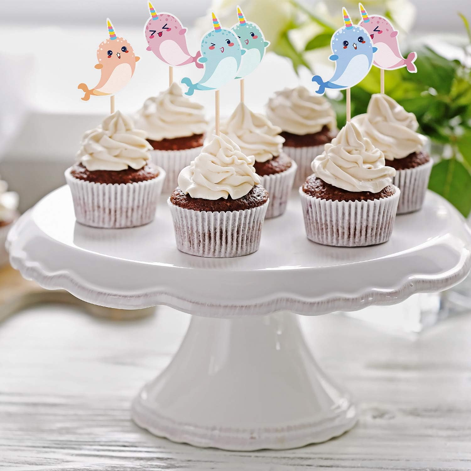 48 Pcs Narwhal Cake Toppers Narwhal Cupcake Toppers Ocean Birthday Party Decorations Supplies under the Sea Blue Ocean Themed Party Baby Shower Birthday Supplies image number 6