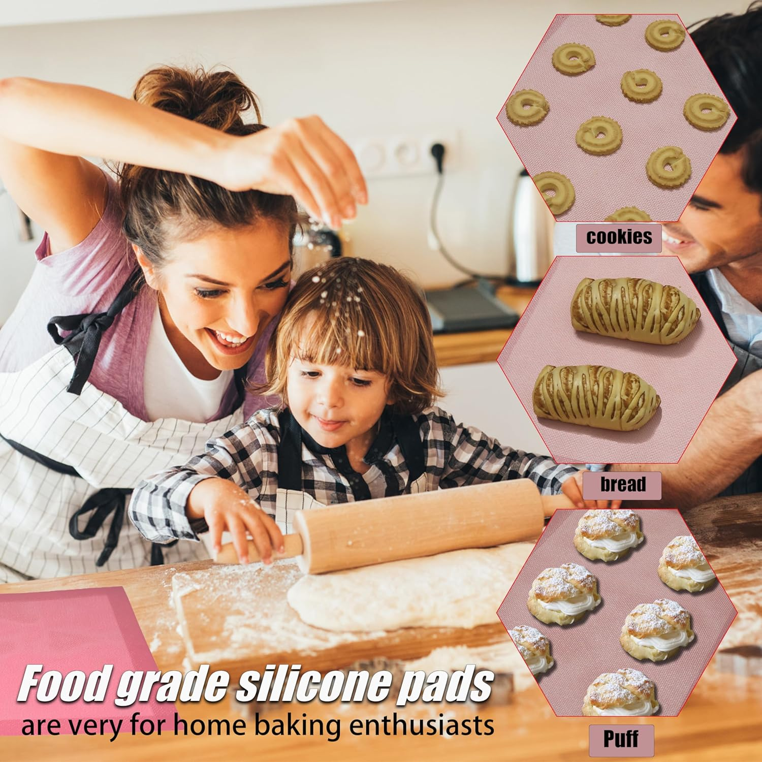 Perforated Silicone Baking Mats 2-Pack, Oven & Dishwasher Safe Reusable Biscuit Pastry Bread Pizza Liners, 11 5/8" X16 1/2" Sakura Pink image number 3