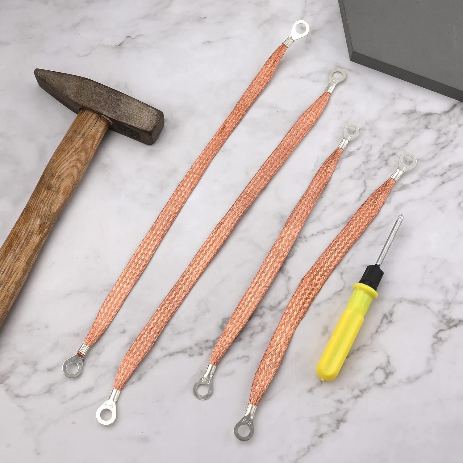 LUTER 4Pcs Universal Automotive Ground Strap Kit, 13Inch / 10Inch Vehicle Engine Ground Strap, Sturdy Woven Copper with 5/16" Rings Terminal (Copper Color)