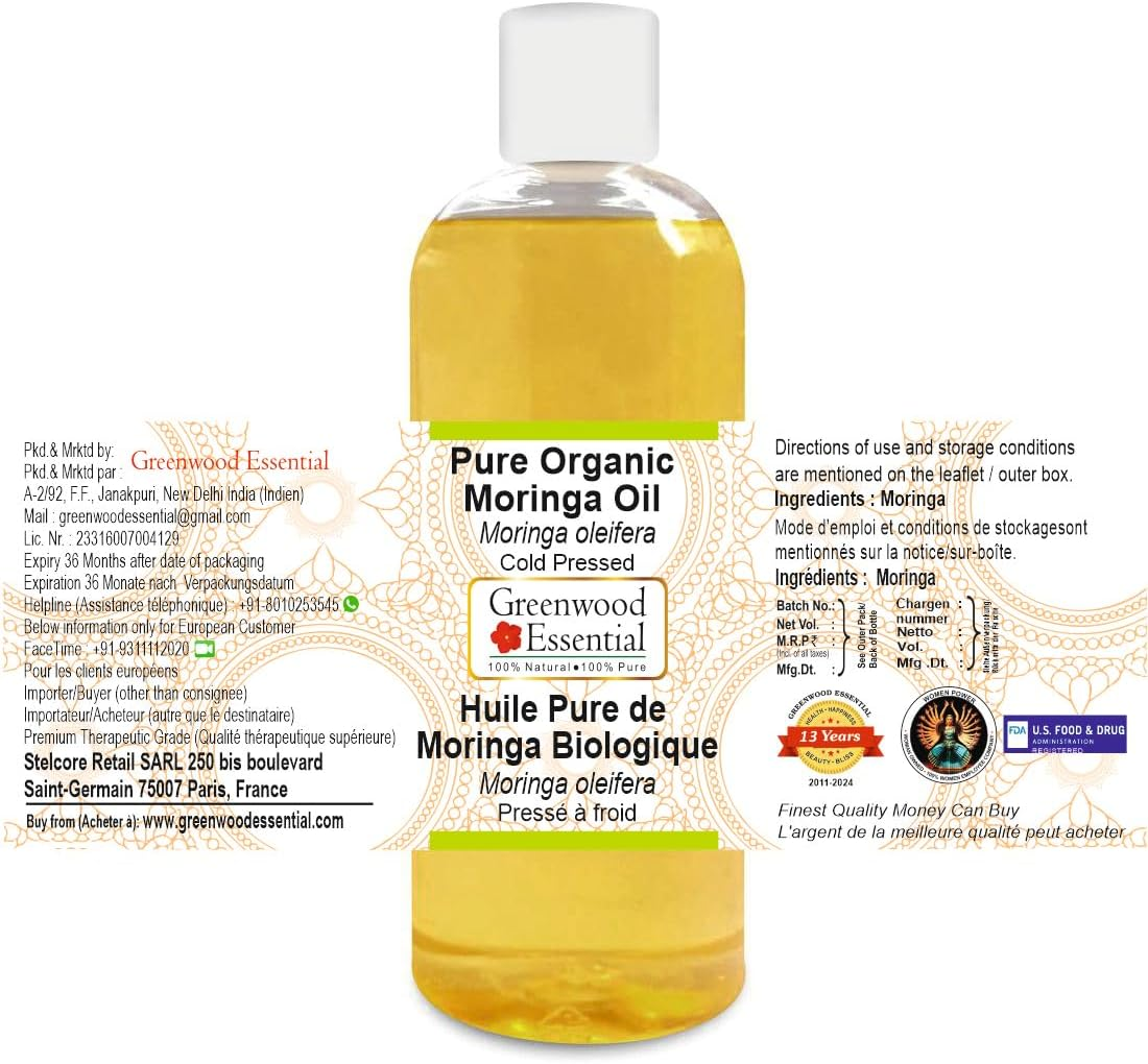 Greenwood Essential Pure Organic Moringa Oil (Moringa Oleifera) Cold Pressed 200Ml (6.76 Oz)