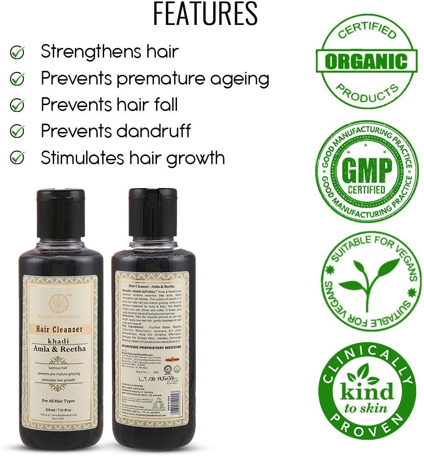 Khadi Natural Ayurverdic Amla & Reetha Hair Cleanser (Pack of 2), 210Ml Each, Strengthens Hair, Prevents Premature Greying, Dandruff, Hair Fall, for Dry Hair, Frizzy Hair, Oily Hair, for Women & Men image number 2