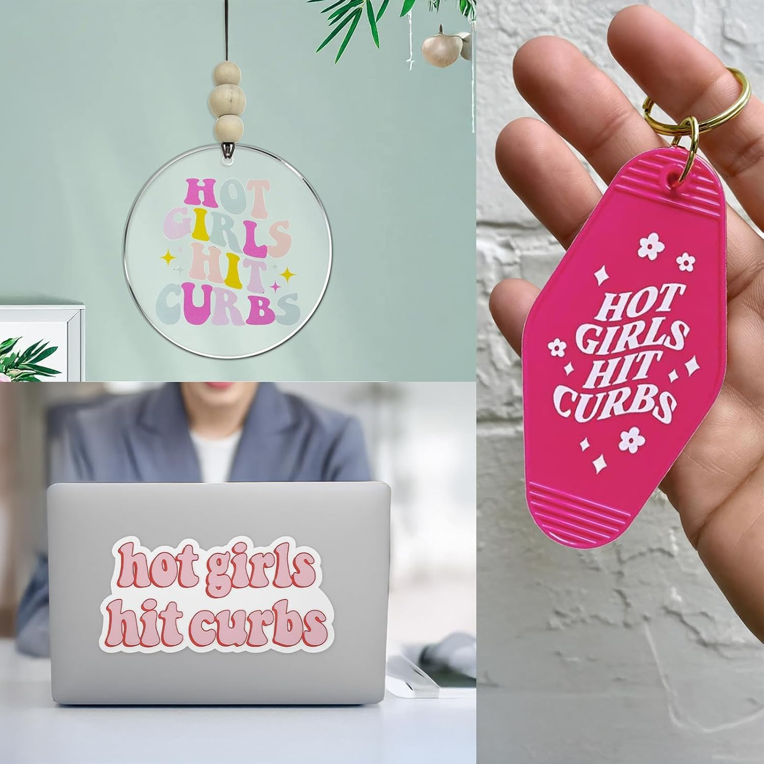 3PCS Hot Girls Hit Curbs Car Sticker & Quote Beaded Rear View Mirror and Pink Keychain, Cute Car Accessories for Genz Ladies Driver, Stickers Fit for Cars and Laptops image number 4