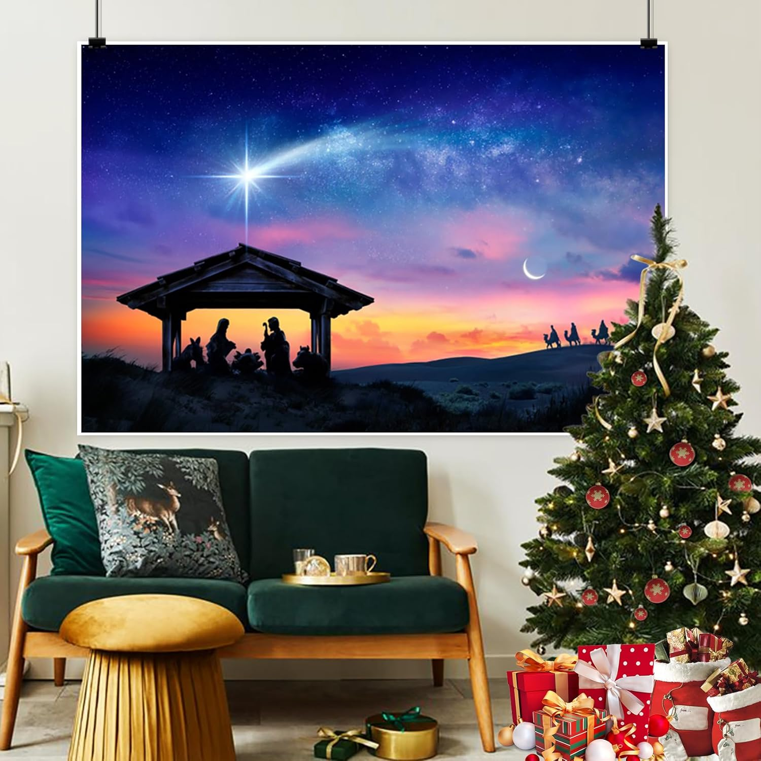 Renaiss 7X5Ft Birth of Jesus Backdrop Evening Manger Scene Photography Background Christmas Blue Starry Sky Holy Night Orange Sunset Banner Camel Desert Portrait Photobooth Banner Party Decorations