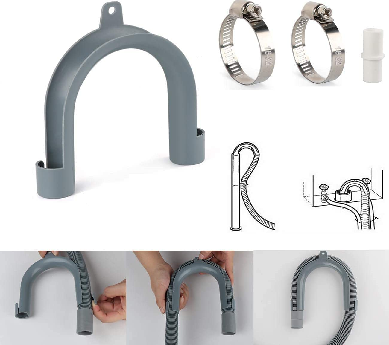 5 Feet Universal Washing Machine Drain Hose Flexible Dishwasher Drain Hose Extension Kits Corrugated Washer Hose Extension Kits with 1 Extension Adapter and 2 Hose Clamps, U-Bend Hose Holder image number 5