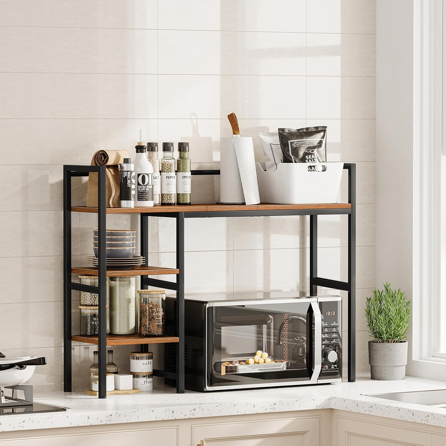 Desk Shelf, 98 Cm Desktop Organizer Shelf, Desk Hutch for Computer Monitor, 4 Tier Desktop Display Rack, Wood Bookshelf Storage Rack for Home Office Dorm (Rustic Brown, 98 CM) image number 2