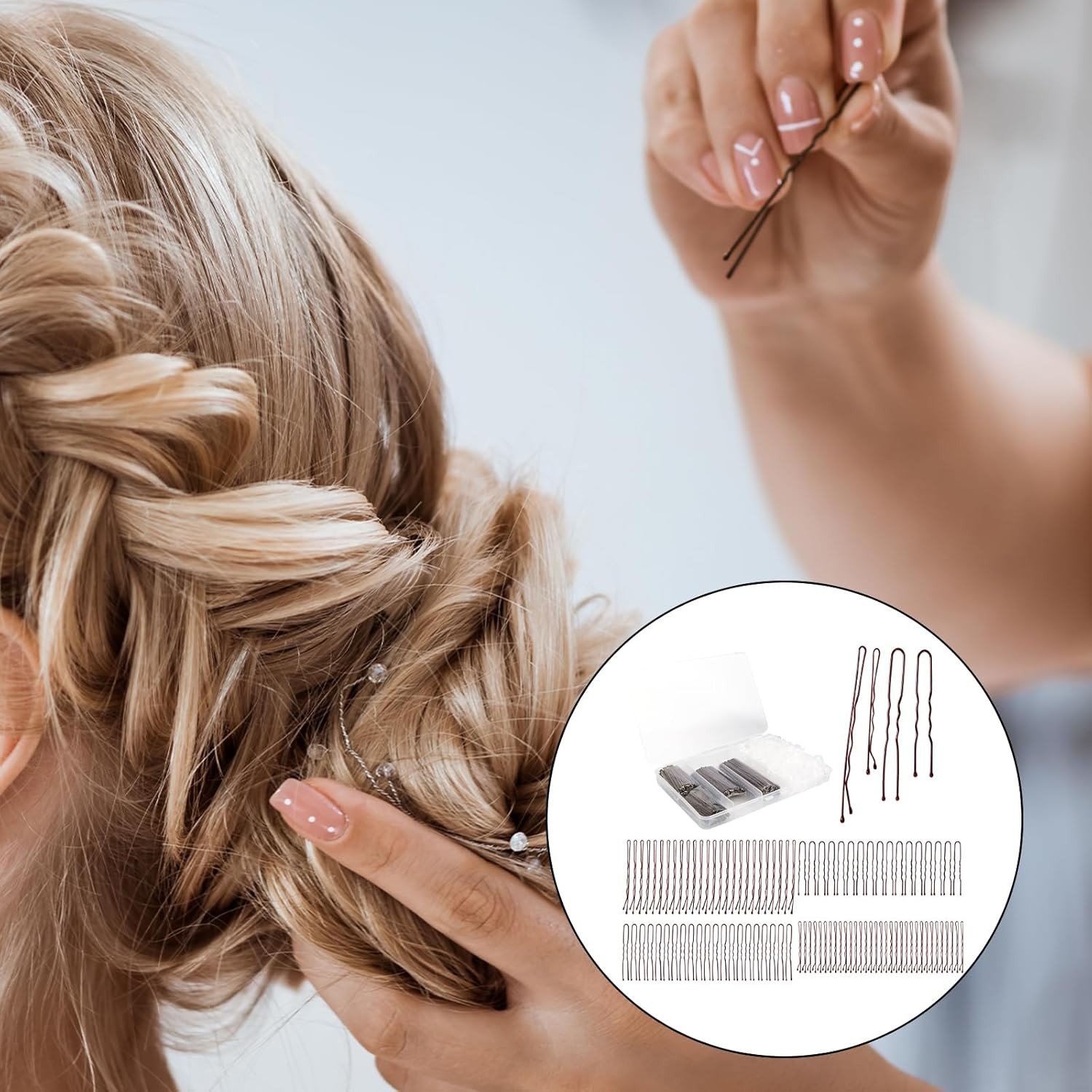 Bliceon Pack of 700 Small Bobby Pins Set, U-Shaped Hair Clips, Transparent Hair Elastic, Small Bobby Pins for Women and Girls with Storage Box (Brown)