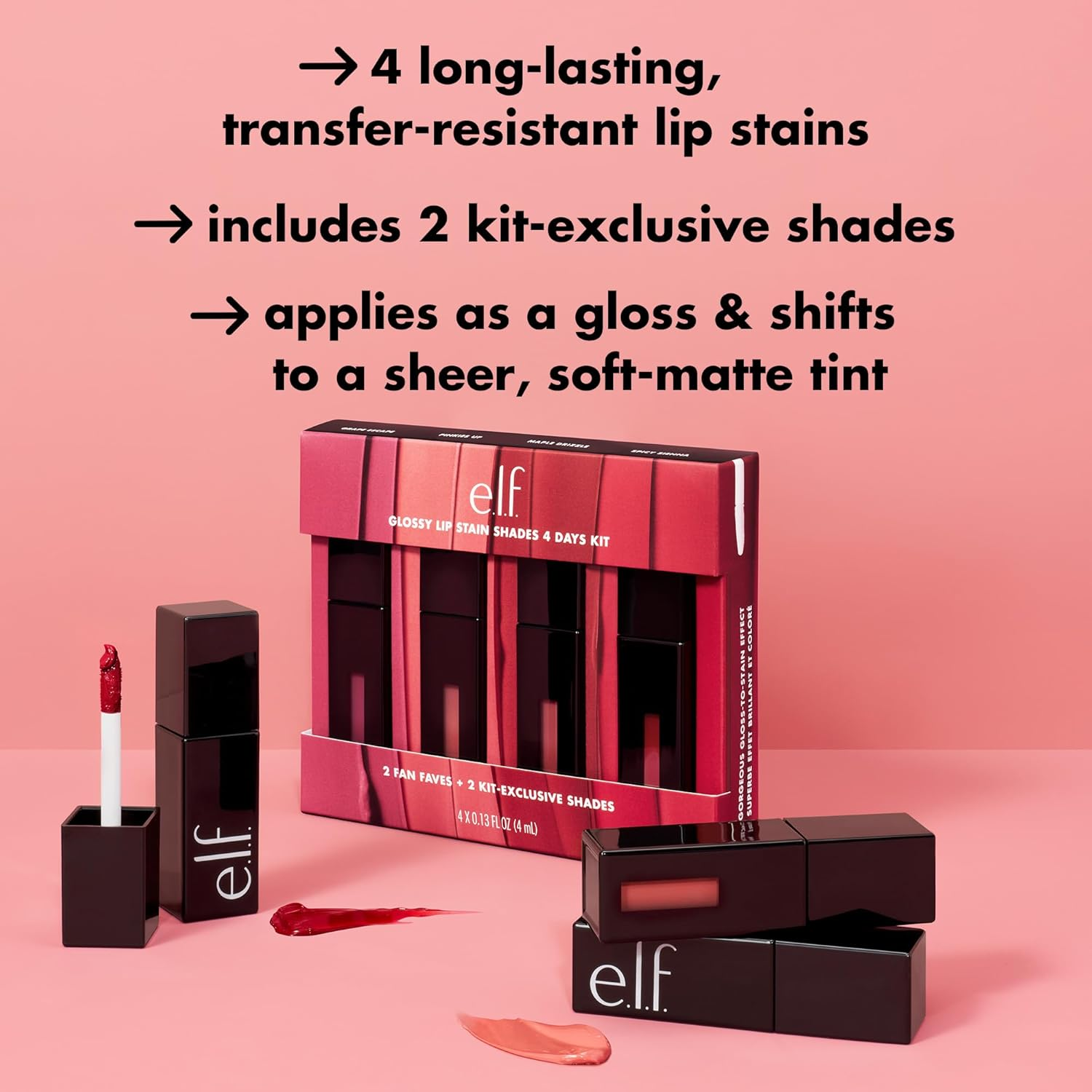 E.L.F. Glossy Lip Stain Shades 4 Days Kit, Long-Lasting Lip Stains for a Sheer Pop of Color & Subtle Gloss Finish, Vegan & Cruelty-Free, 4 Shades - Multicolor image number 5