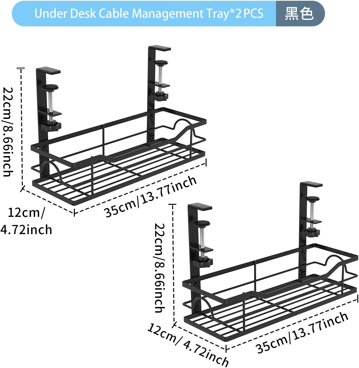 Virellisee 2 Pack under Desk Cable Management Tray No Drilli, Metal Cable Tray with Clips for Desktop Socket Management, Cord Organizer for Office and Home (Black) image number 1