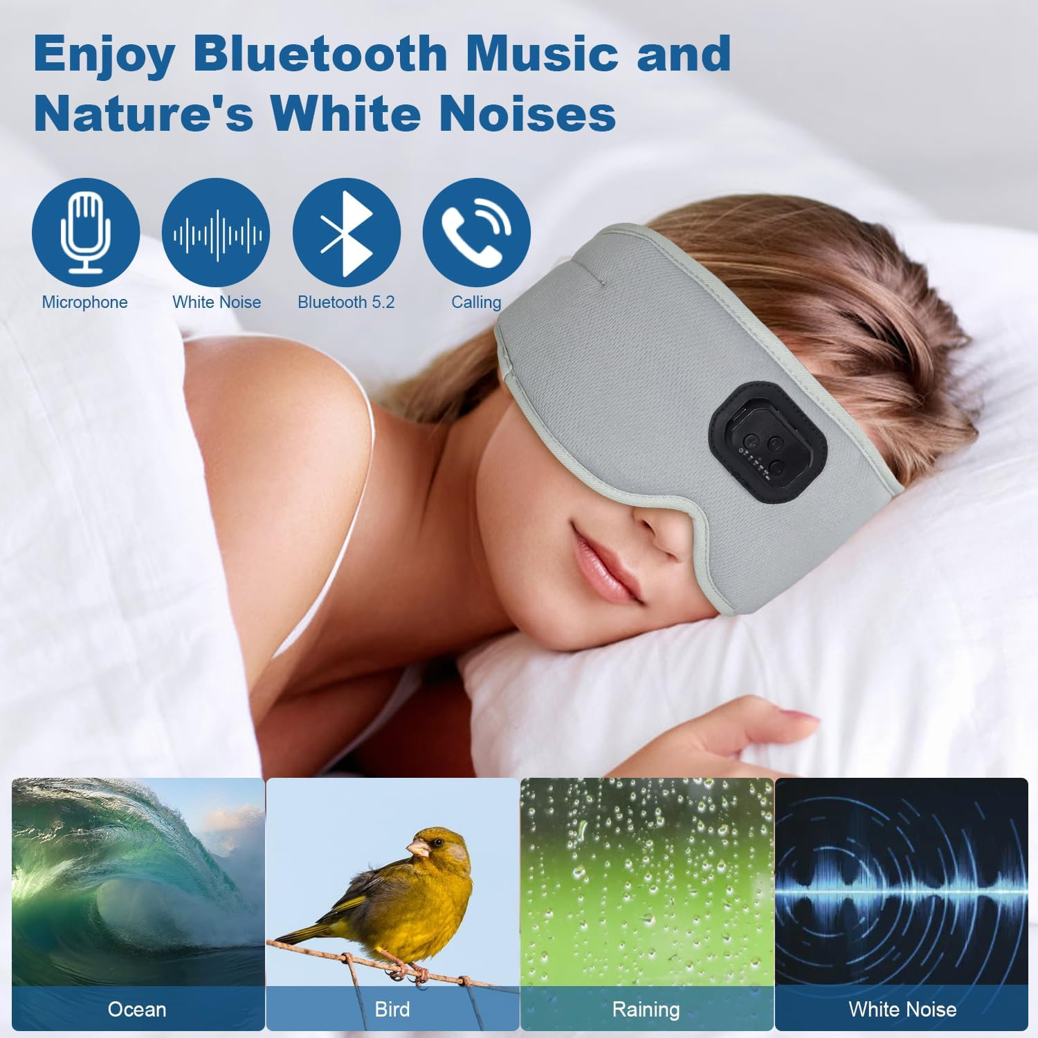 AURTEC 360&deg; Blackout Sleep Eye Mask with Wireless Bluetooth 5.2 Headphones, Comfortable and Adjustable 3D Design, White Noise for Insomniacs, Long Battery Use for Travel/Nap/Camping/Night Sleep Grey image number 1
