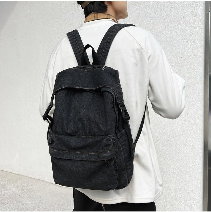 Generic Classic Retro Denim Backpack Aesthetic Shoulder Bag Lightweight Daypack Casual Jeans Backpack for College - Black image number 6