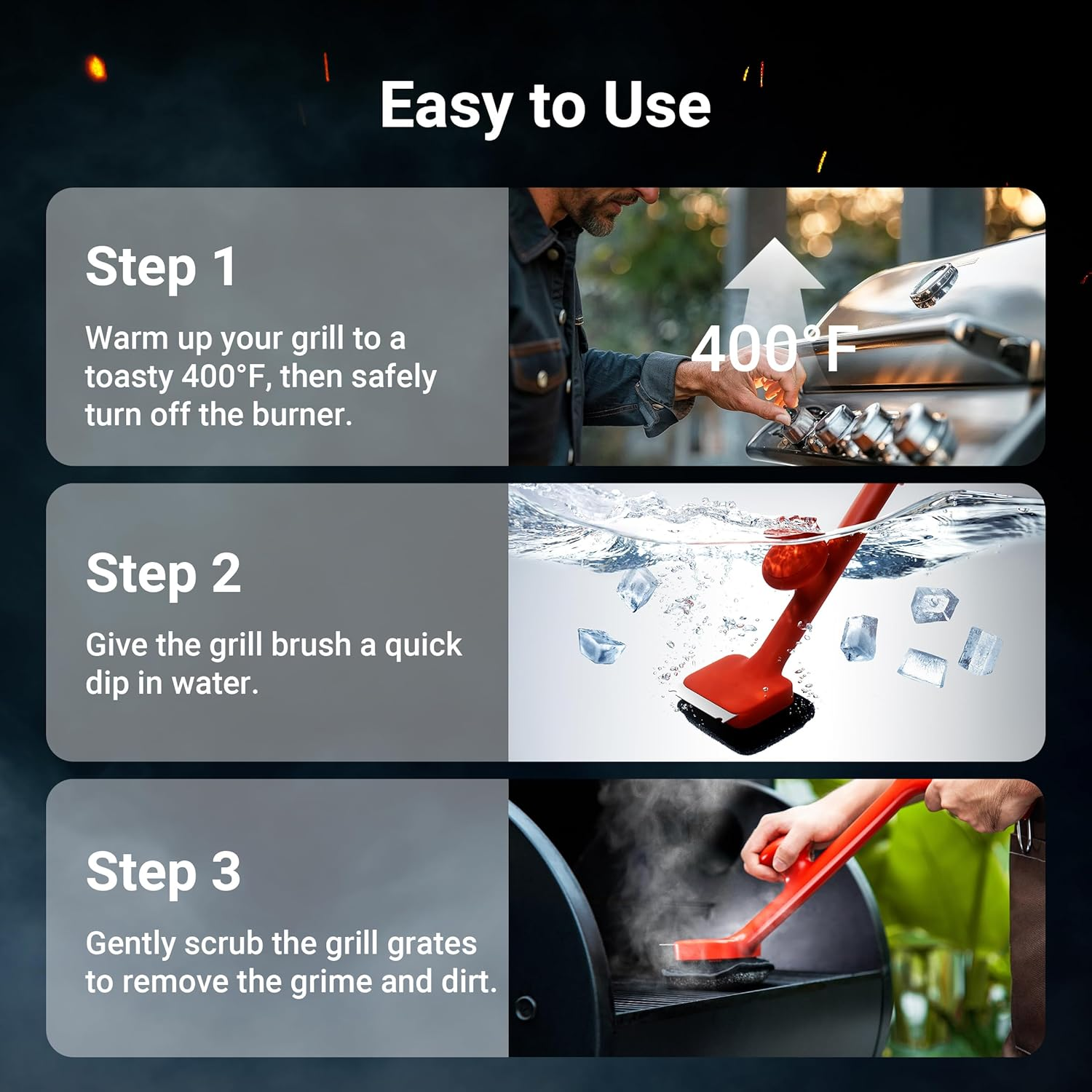 Thermomaven BBQ Grill Brush Bristle Free - 17" Safe Steam Grill Cleaner Brush with Scraper and 3 Brush Heads for Porcelain/Gas/Charcoal Grill Outdoor Grill Barbecue Cleaner image number 3