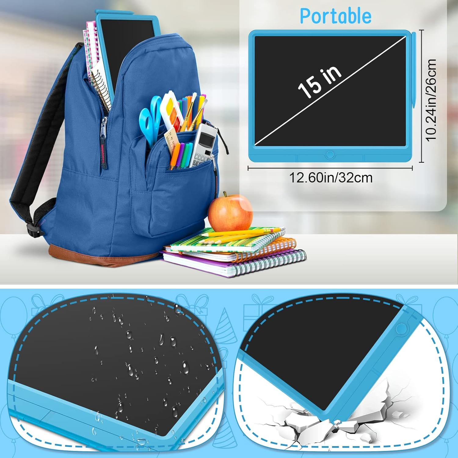 Wicue LCD Writing Tablet for Kids 15In Drawing Tablet, Colorful Doodle Board Drawing Pads, Electronic Drawing Boards Travel Activity Games for 3 4 5 6 Year Old Kids Birthday Gifts (Blue)