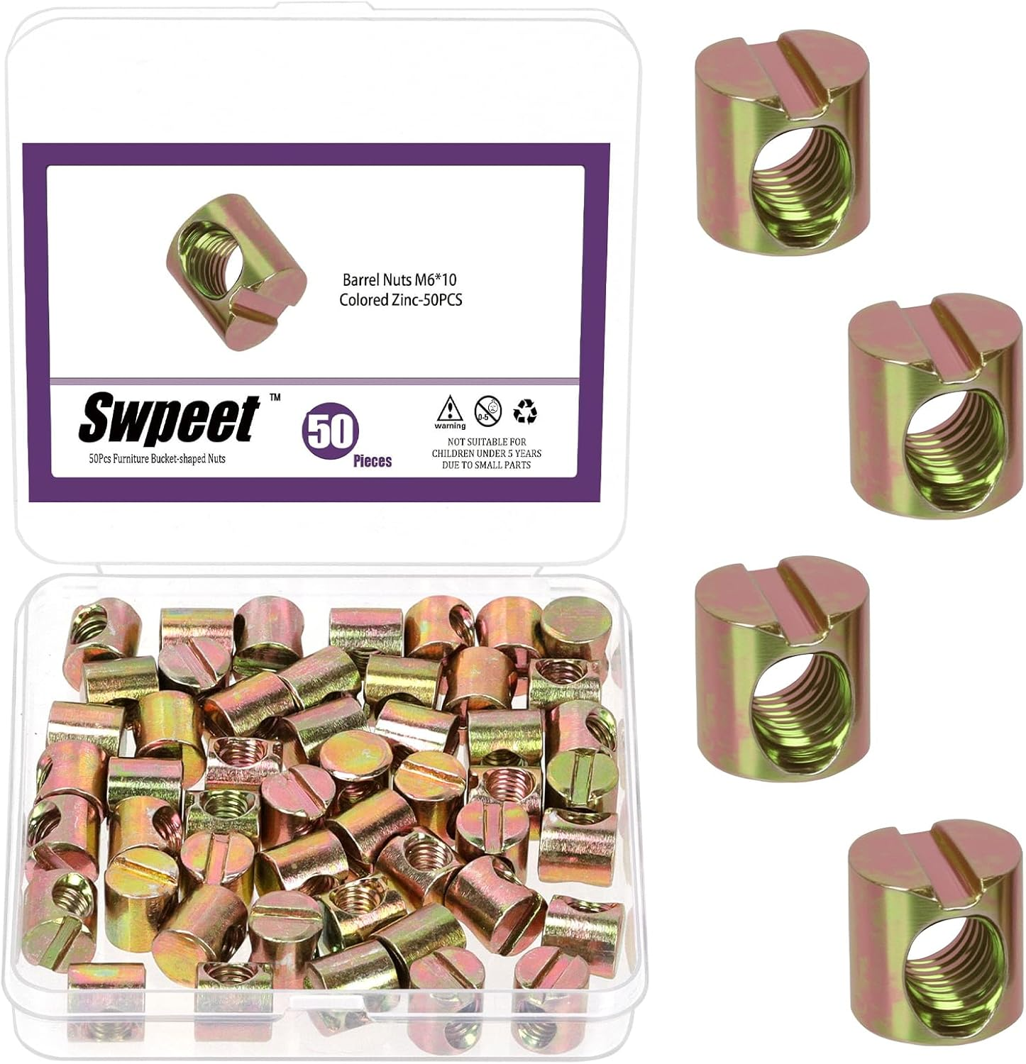 Swpeet 40Pcs Metric M6&times;20Mm Nickel Plated Barrel Nuts Kit,Cross Dowels Slotted Nut, Furniture Nuts Embedded Nut for Beds Crib Chairs Hardware Replacement