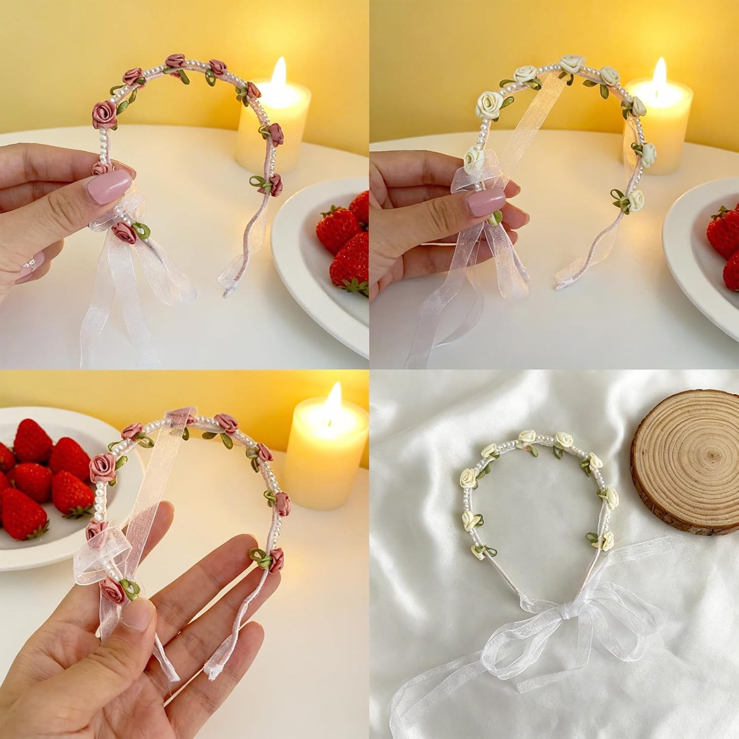 VOSSOT Set of 2 Flower Wreath Hair Band Set with Pearls Flower Headband Pink & Cream Flower Hair Wreath for Wedding, Oktoberfest, Dirndl, Party, Photo Shooting image number 5