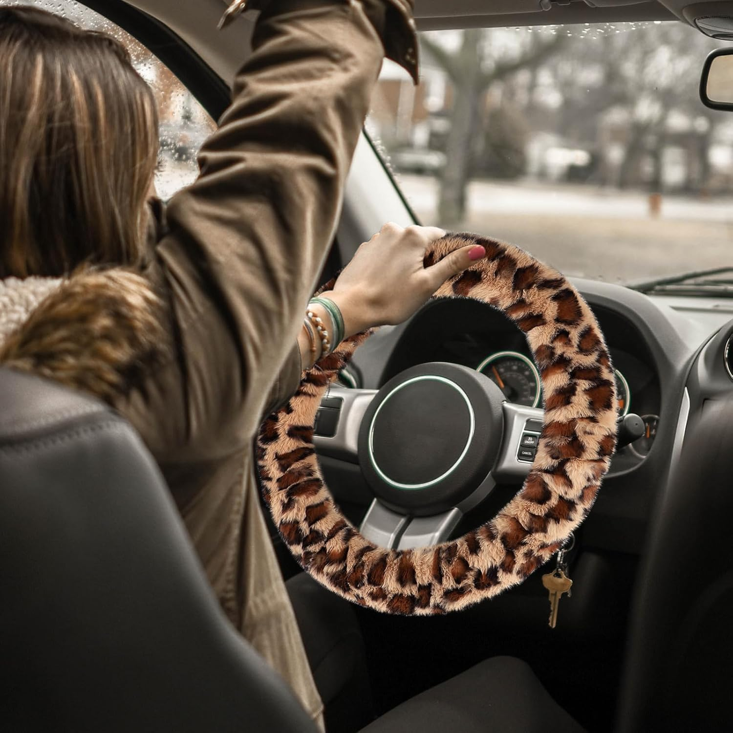 Accmor Fuzzy Car Steering Wheel Cover, Universal Fit Fur Auto Wheel Cover & Handbrake Cover & Gear Shift Cover Set, Leopard Warm Fluffy Vehicle Wheel Protector Car Accessories for Men Women (Brown) image number 5