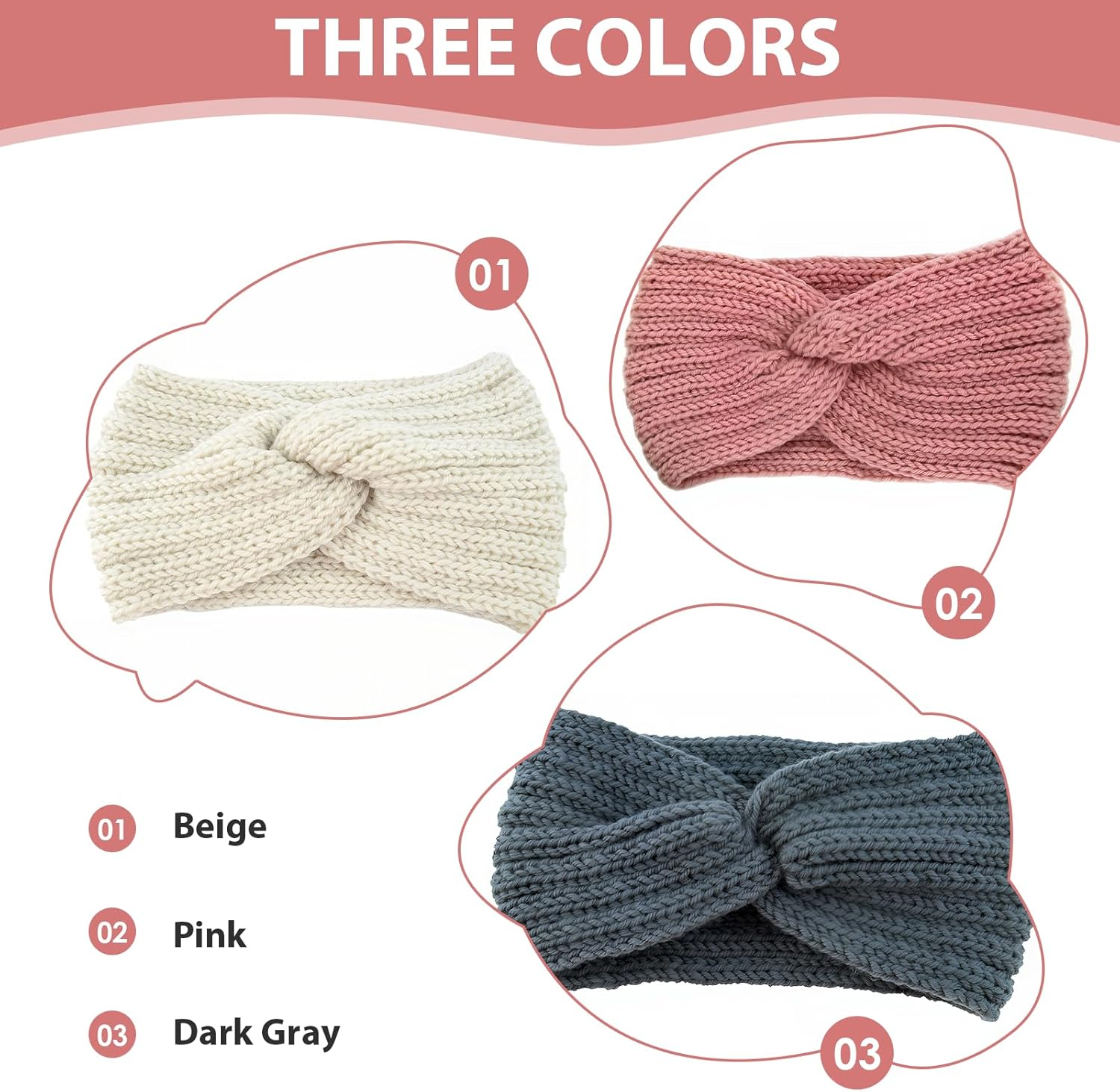 Pack of 3 Women'S Winter Knitted Headband Children Girls Autumn and Winter Simple Versatile Headbands Knitted Hair Band Ear Warmer Elastic Beige + Grey + Pink image number 3