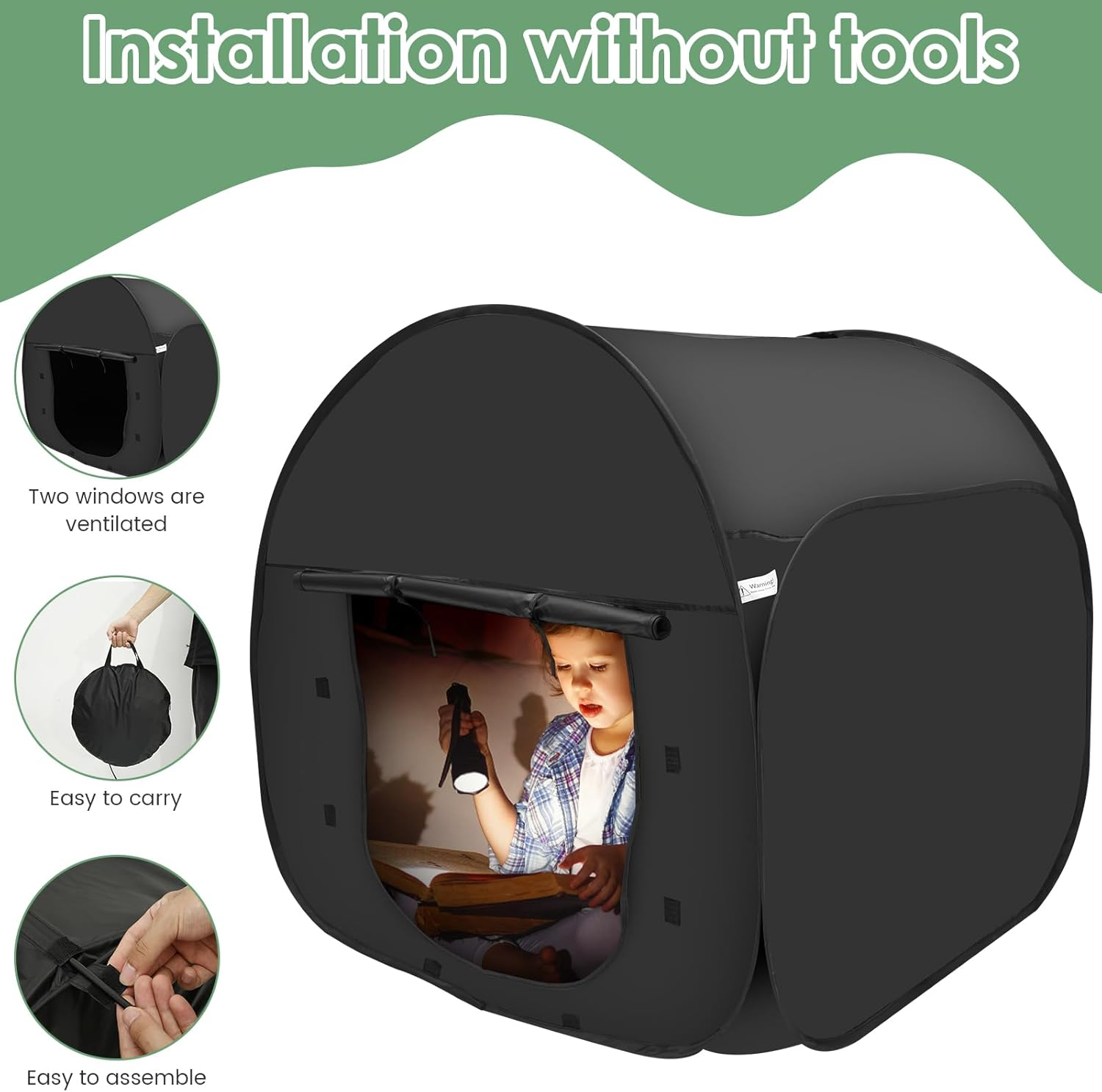 Rdjeokf Pop up Blackout Calming Tent with 2 Windows 1 to 2 People Calm Corner Tent Portable Kids Sensory Tent Hideout Den Children Indoor Tent for Autistic Children image number 2