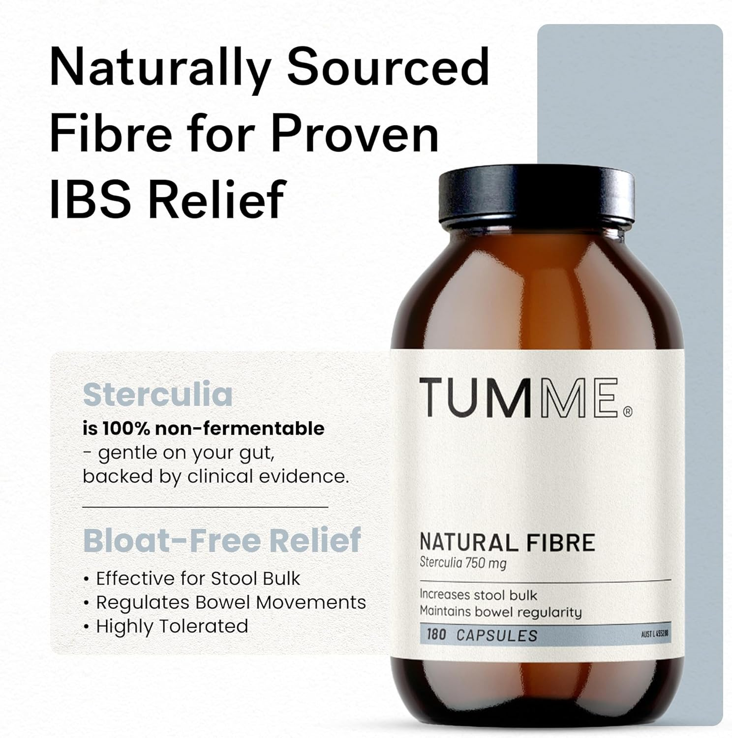 TUMME Natural Fibre Supplement with Sterculia - 180 Capsules - Non-Fermentable Fibre for IBS Relief, Constipation, Diarrhoea and Bloating - Plant-Based, Gentle Gut Support - Vegan & Gluten Free