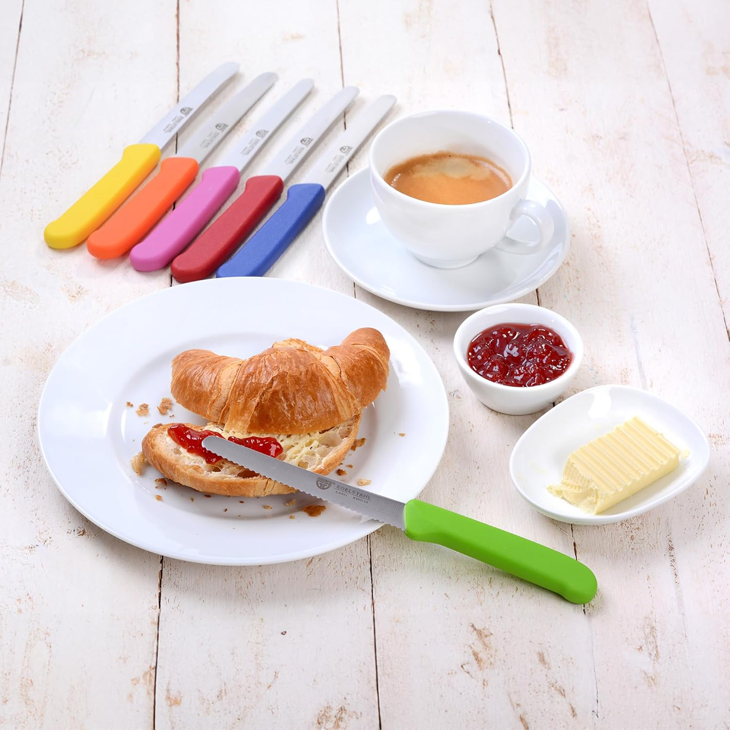 GR&Auml;WE Table Knife Set of 6 for Cutting, Pack of 6 Bread Knives, Breakfast Knife with Serrated Edge, Knife 21 Cm - Green image number 3