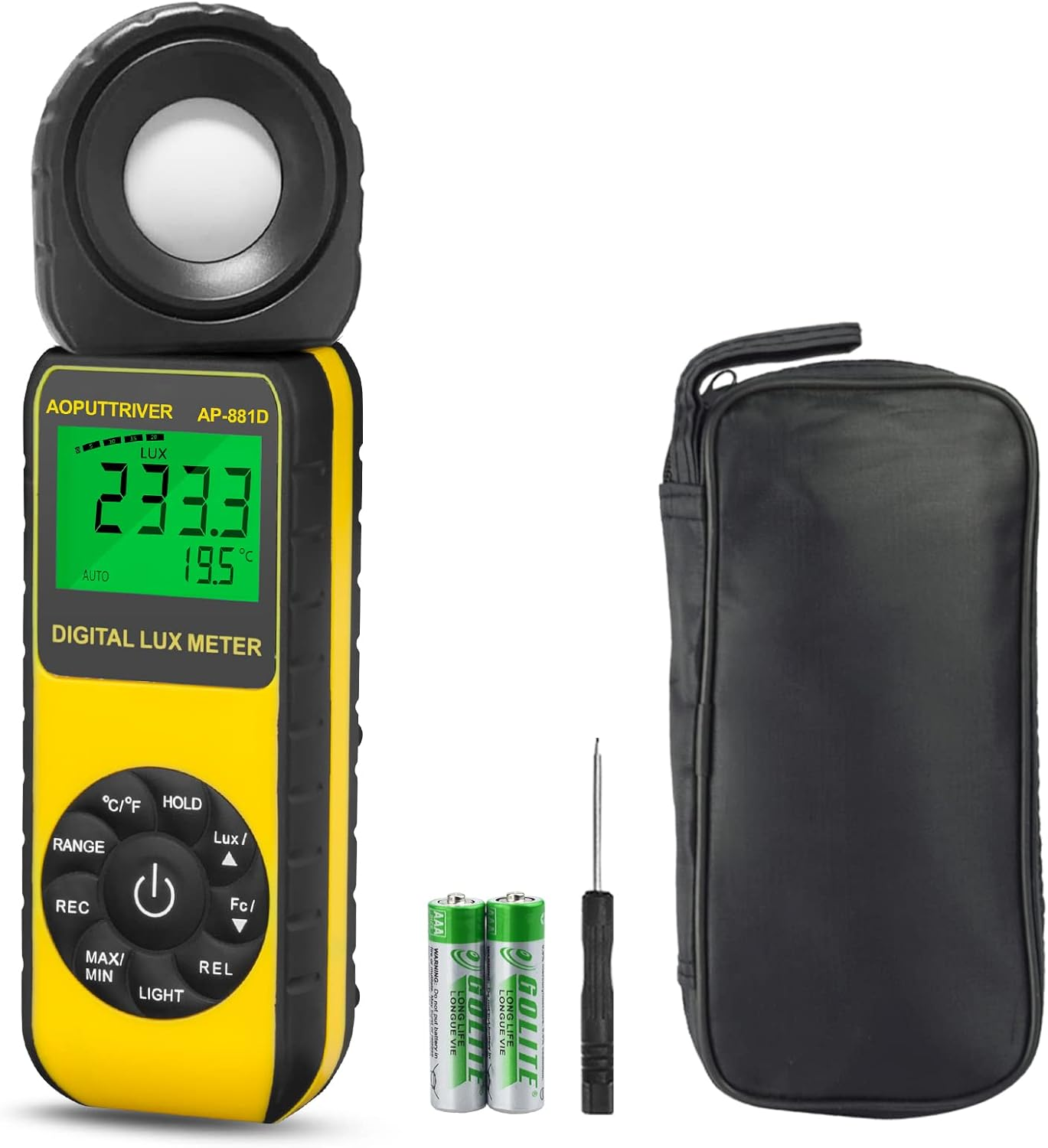 Handheld Light Meter, AOPUTTRIVER AP-881E Digital Illuminance Light Meter with 0.01~300,000 Lux (0.01~30,000 FC), Foot Candles Luxmeter with 270&ordm; Rotated Sensor with Temp(℃/℉) and Backlit for Plants