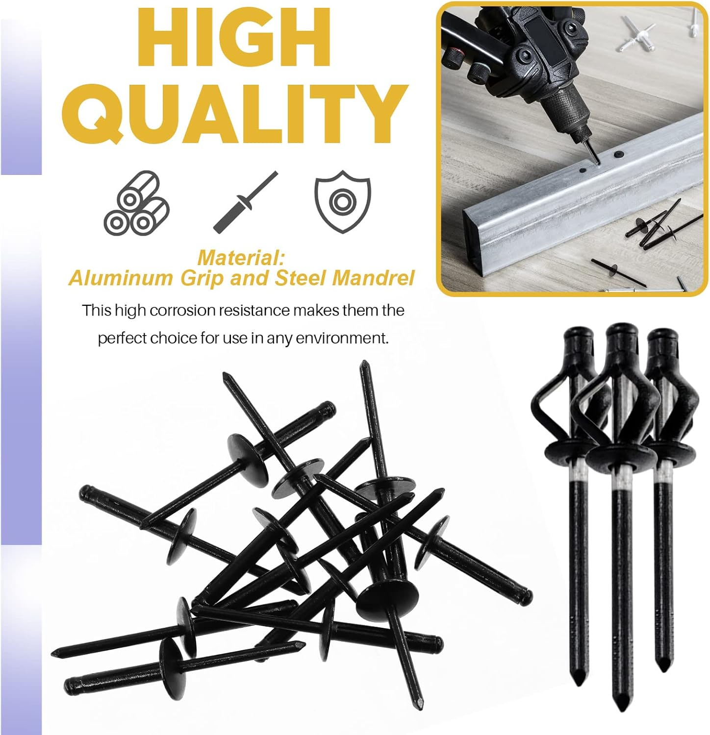 Swpeet 75Pcs 3/16" X 3/8" / 4/5" / 1" All Black Large Flange Aluminum Blind Rivets Kit, Black Pop Rivets Open End Type Pop Rivet for Indoor and Outdoor Use