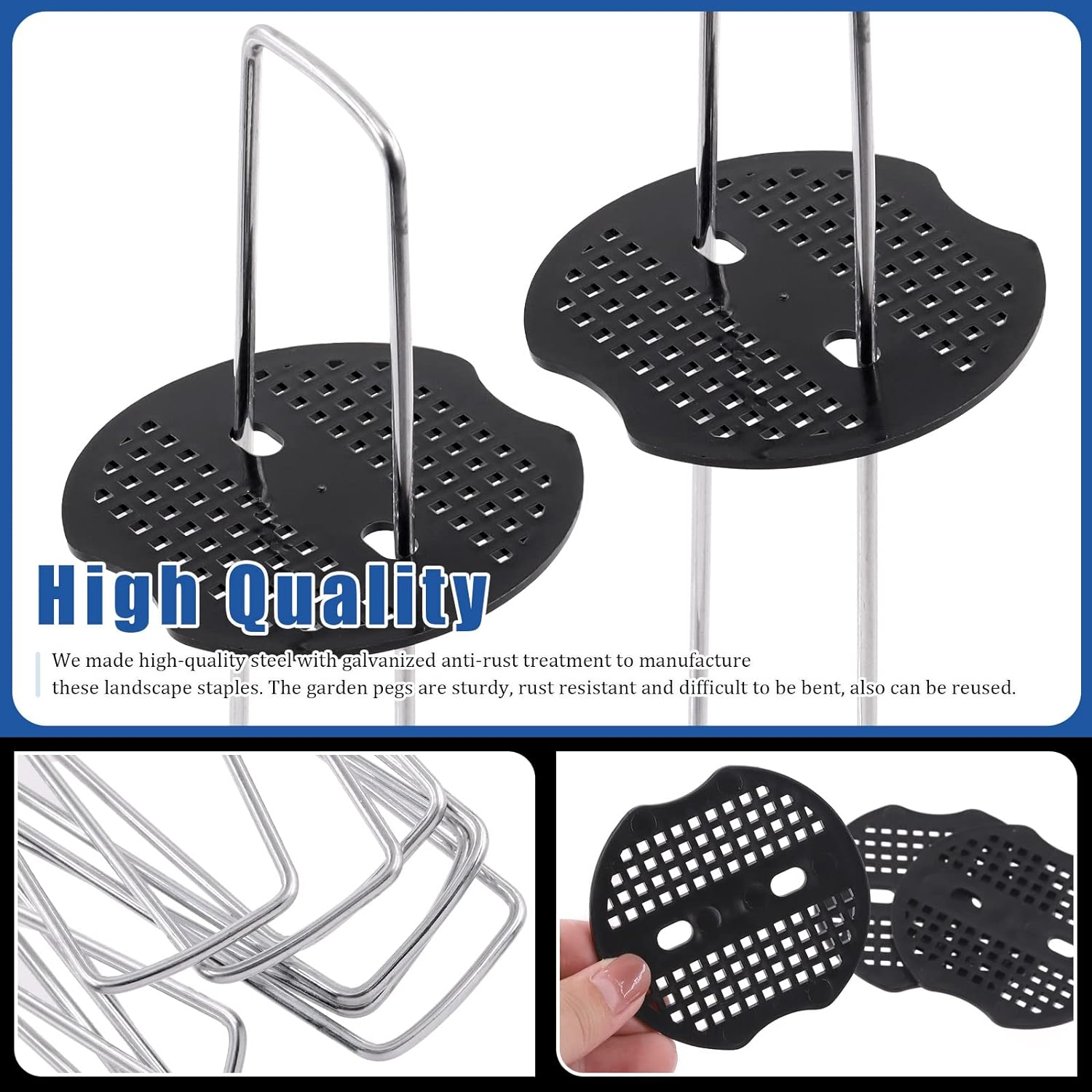 Glarks 201Pcs Garden Stakes Staples Kit, 100Pcs 6 Inch U-Shaped Landscape Staples, 100Pcs Fixing Gasket with 1Pc Pick Hook for Weed Barrier Fabric, Ground Cover, Holding Fence and Artificial Turf image number 2