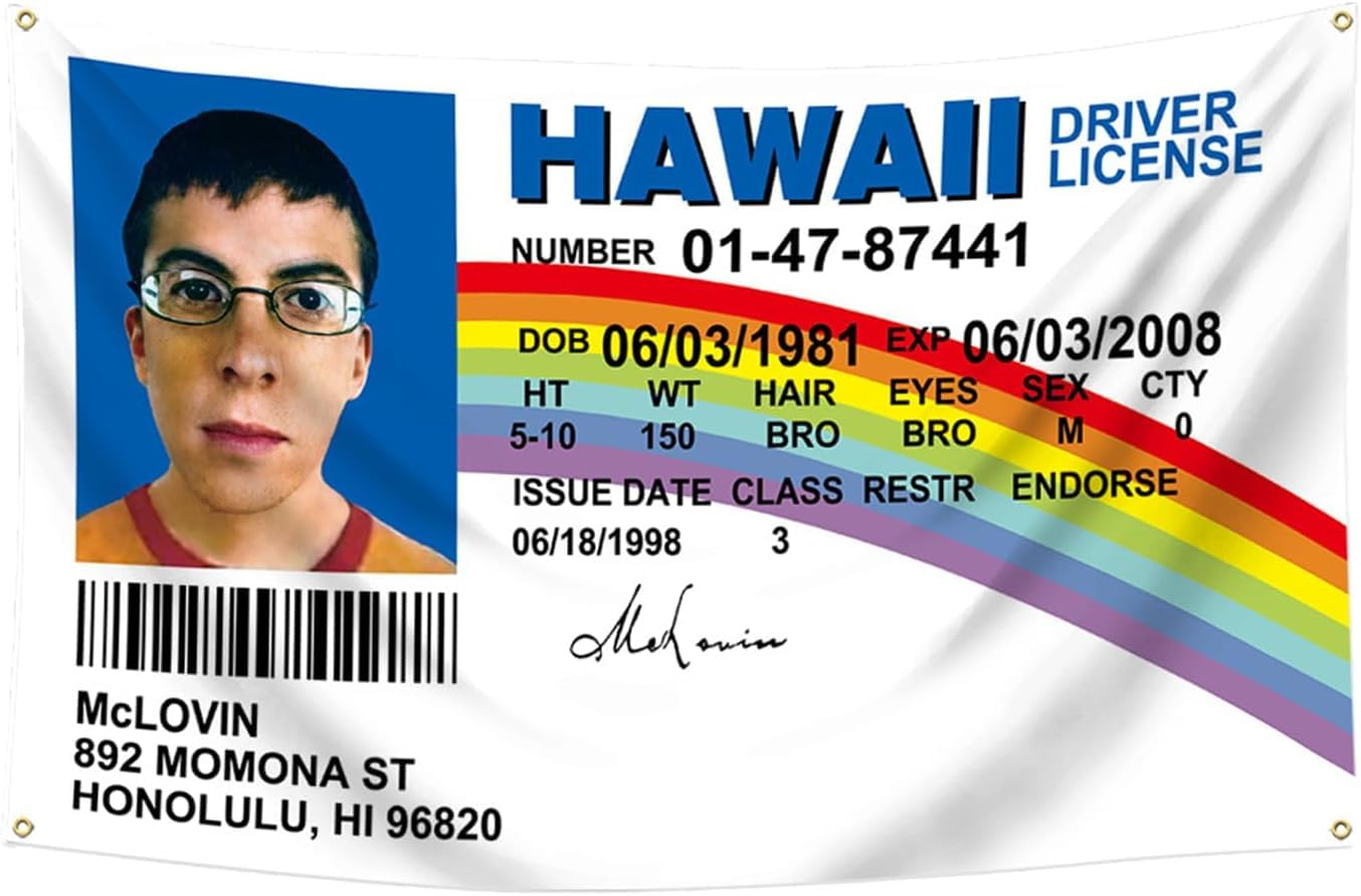 Mclovin ID Fake Driver License Indoor Flag 90 * 150 CM, Polyester Thickness, Fade Resistant, 4 Brass Grommets, Canvas Header, Vibrant Colors,Not Fear of Rain and Snow