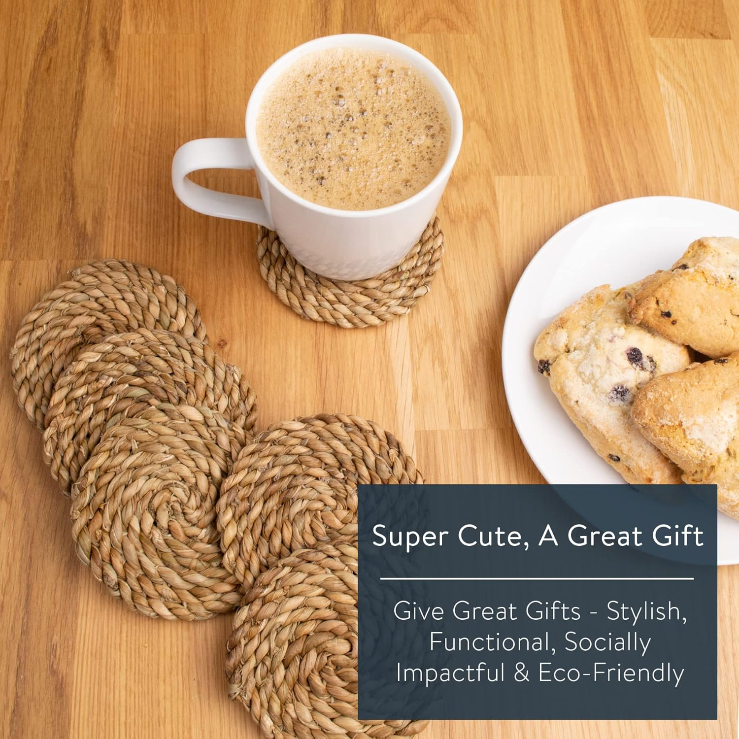 KAZI Essentials Boho Coasters for Drinks - Set of 6, Natural Wicker Raffia Woven Coasters, Eco-Friendly Handmade by African Artisans, Housewarming Gift, Coastal, Cottage D&eacute;cor (Natural Cattail) image number 1