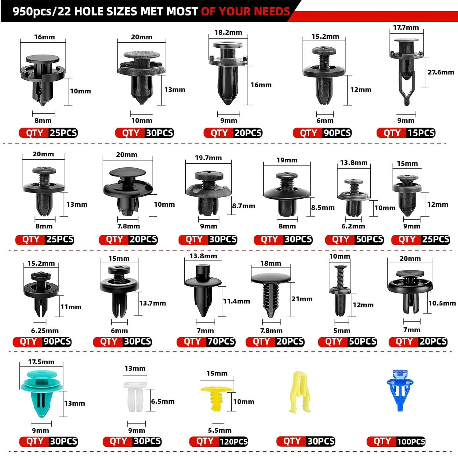 999-Piece Car Push Retainer Clips Body Clips Plastic Fasteners Kit 22 Most Popular Sizes Nylon Auto Push Pin Rivets Set with 5 Removal Tools for Bumper, Fender, Door Trim image number 1