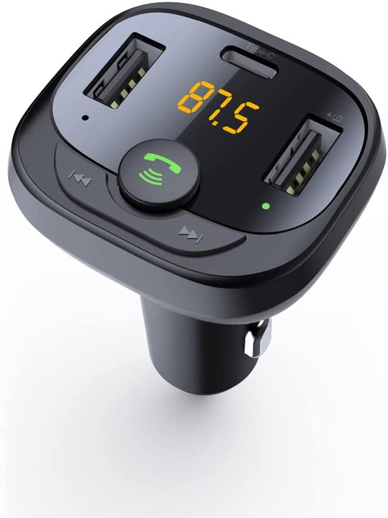 Car Bluetooth FM Transmitter Bentmax Bluetooth 5.0 Car Adapter with USB and Type-C Charging Ports, 12/24V Cigarette Lighter Power Input, Support USB/TF Card Music Playback and Hands-Free Calls
