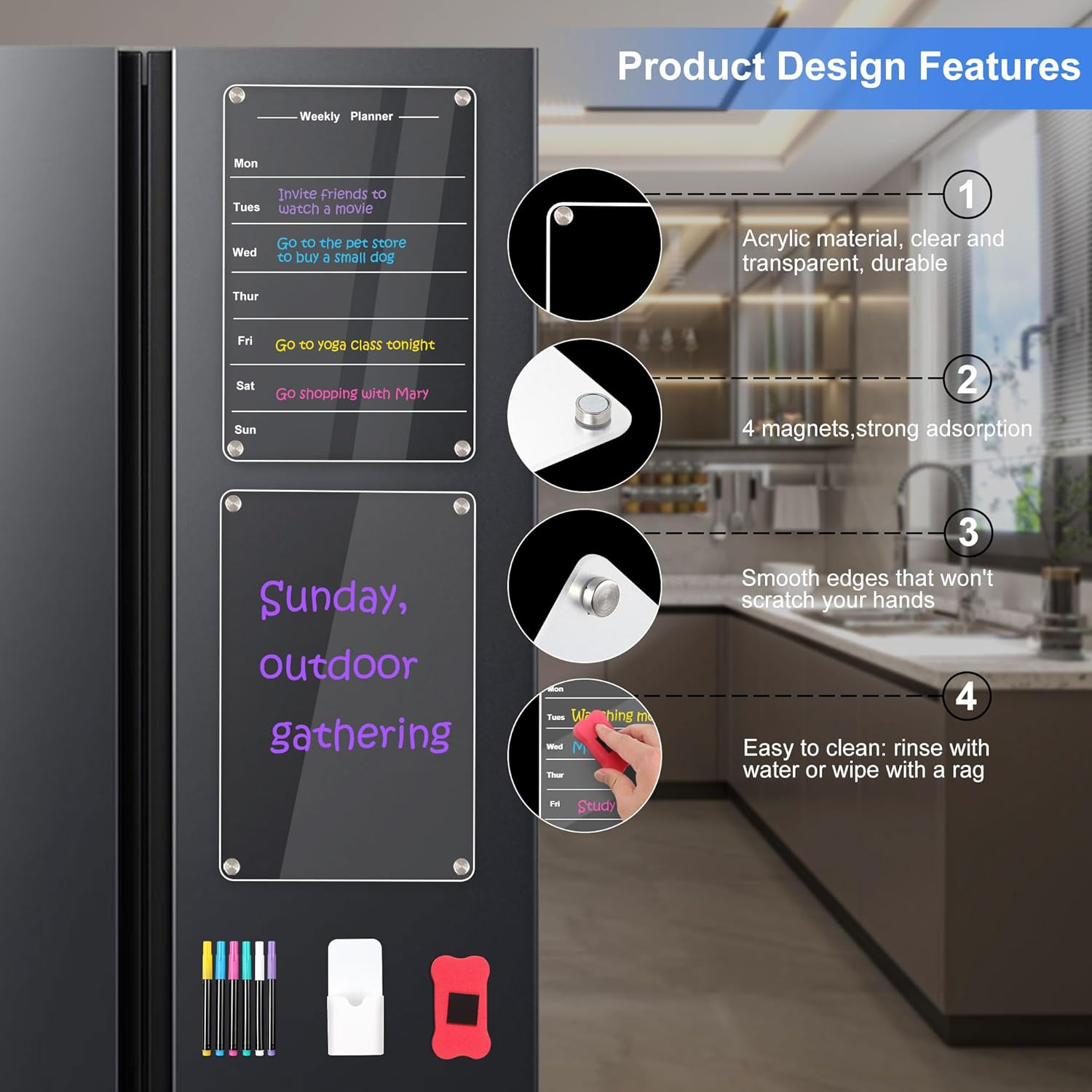 2-Pack Magnetic Fridge Calendar 30X24Cm, Acrylic Calendar Weekly Planner Set with 6 Wet Erase Markers,Magnetic Storage Pouch,And Eraser,Fridge Planner for Home, Office,And Kitchen image number 6