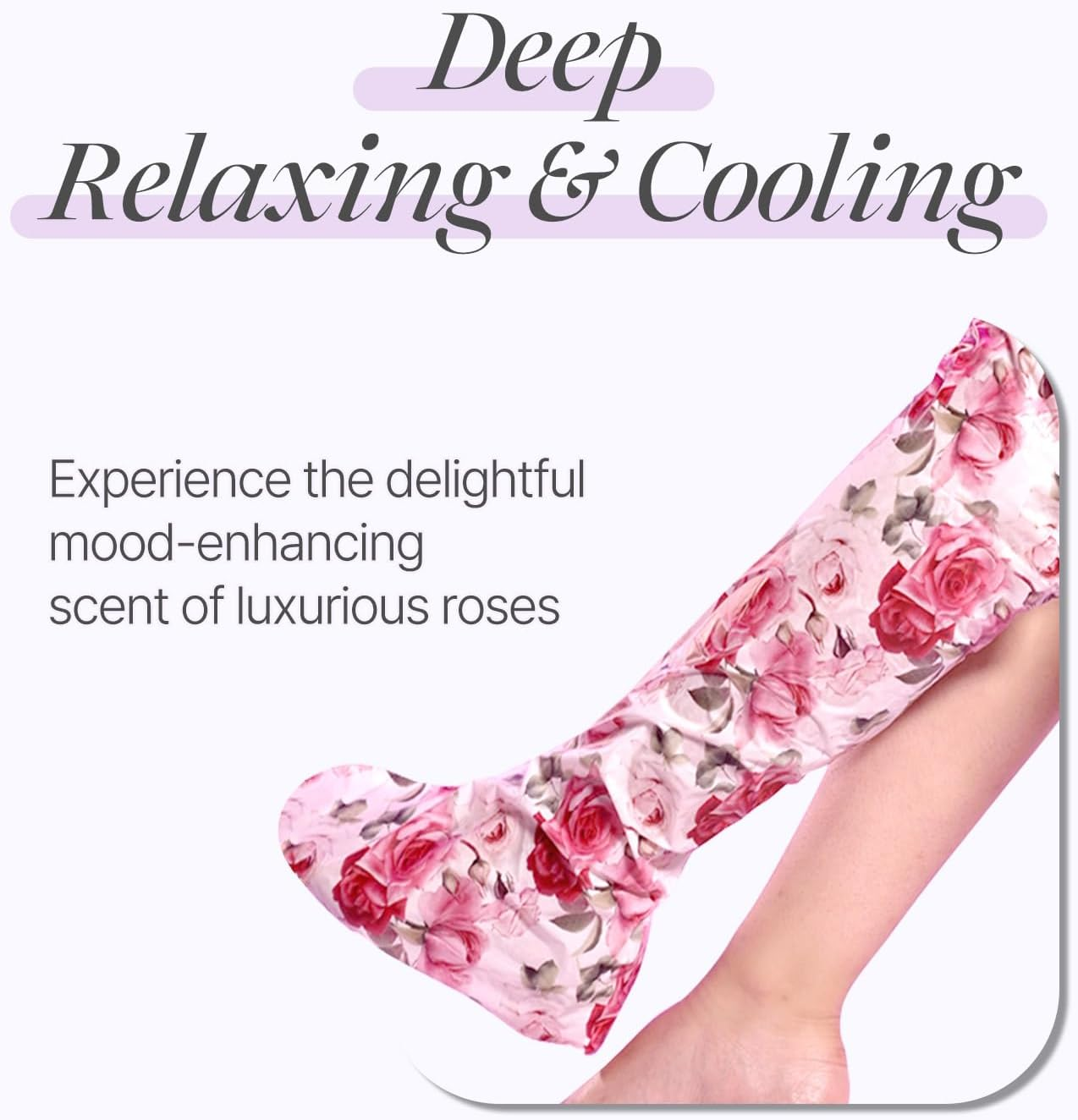 Rose Petal Satin Leg Mask 1 Pair, Foot & Leg Moisturizer, Cool down Feet & Relieve Leg Swelling, Leg Socks, Rose Scented Leg Relieving Mask with Arnica, Pumpkin, Coffee Seed Extract for Tired, Puffy Legs image number 4