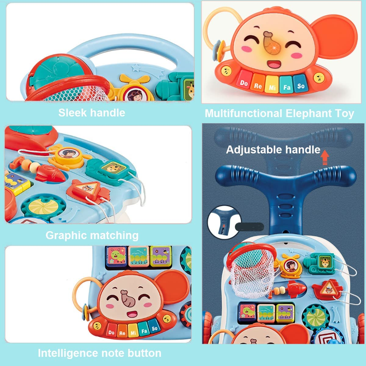 Baby Walker 3In1 Adjustable Height Kids Walker Toy Children'S Music Walker Weight Gain Design Table Lights Music Phone Steering Wheel for Toddlers Boys Girls image number 5