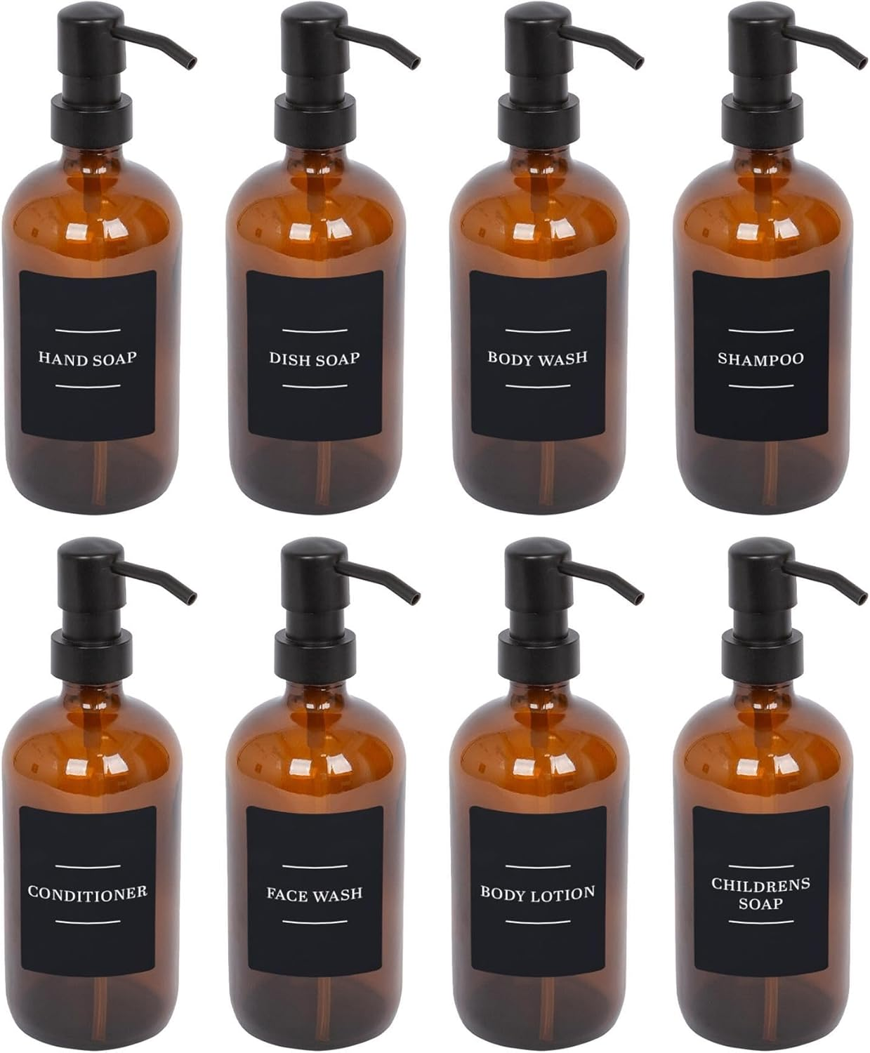 Harbour Housewares Glass Soap Dispensers with Labels - Amber/Black - 8 Pack - 500Ml Refillable Soap Dispensers Hand and Dish Liquid Pump for Bathroom, Kitchen, Laundry Room