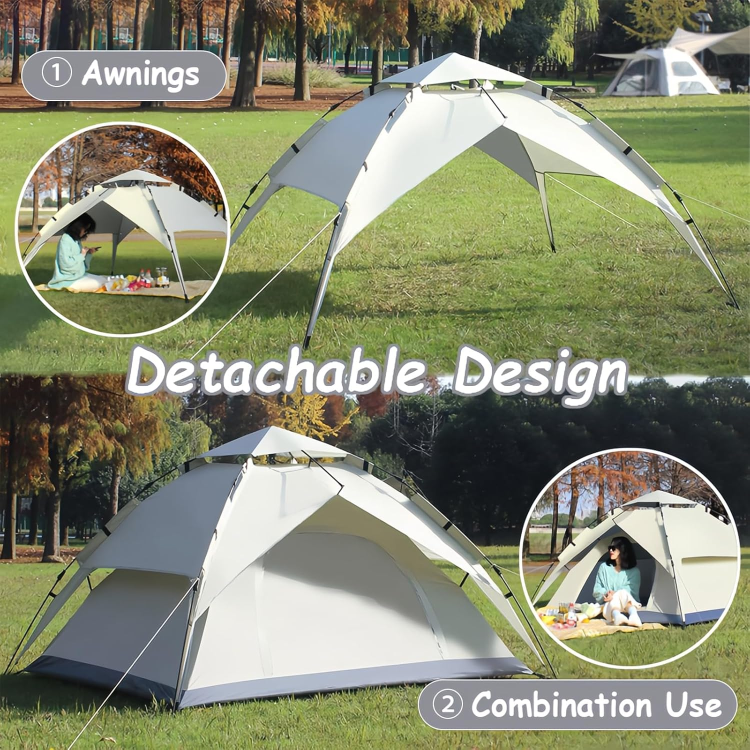 Camping Tent, 3-4 Person Pop up Tent, UV Protection, 2 Door Breathable Design, Portable Dome Tent for Family Camping, Hiking, and Beach Outings(Off White) image number 6