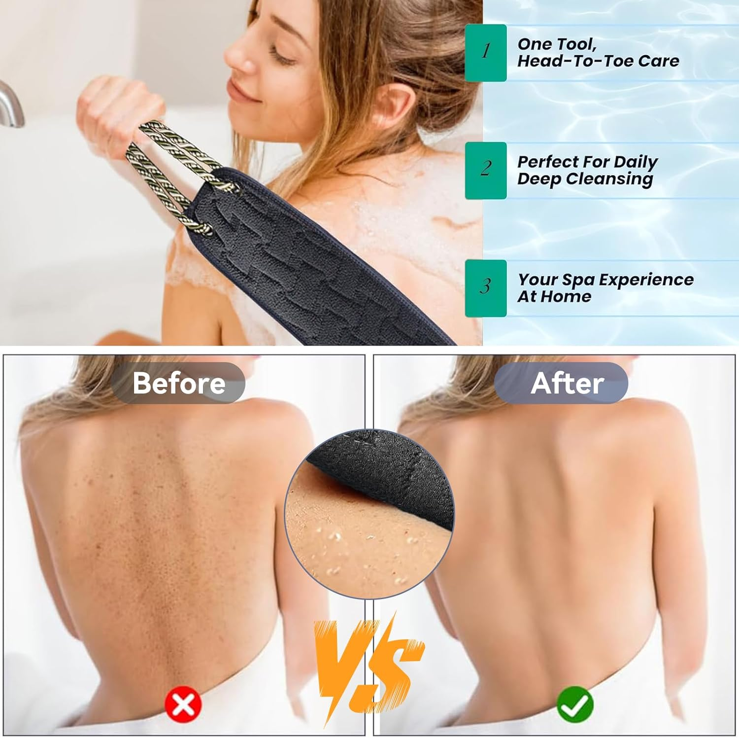 Exfoliating Back Scrubber for Shower,100Cm Double-Sided Bath Scrubber with Handles, Deep Cleaning Body Washcloth for Men & Women, Long Handle Exfoliator for Smooth Skin, Soft & Durable (Black) - Black image number 3